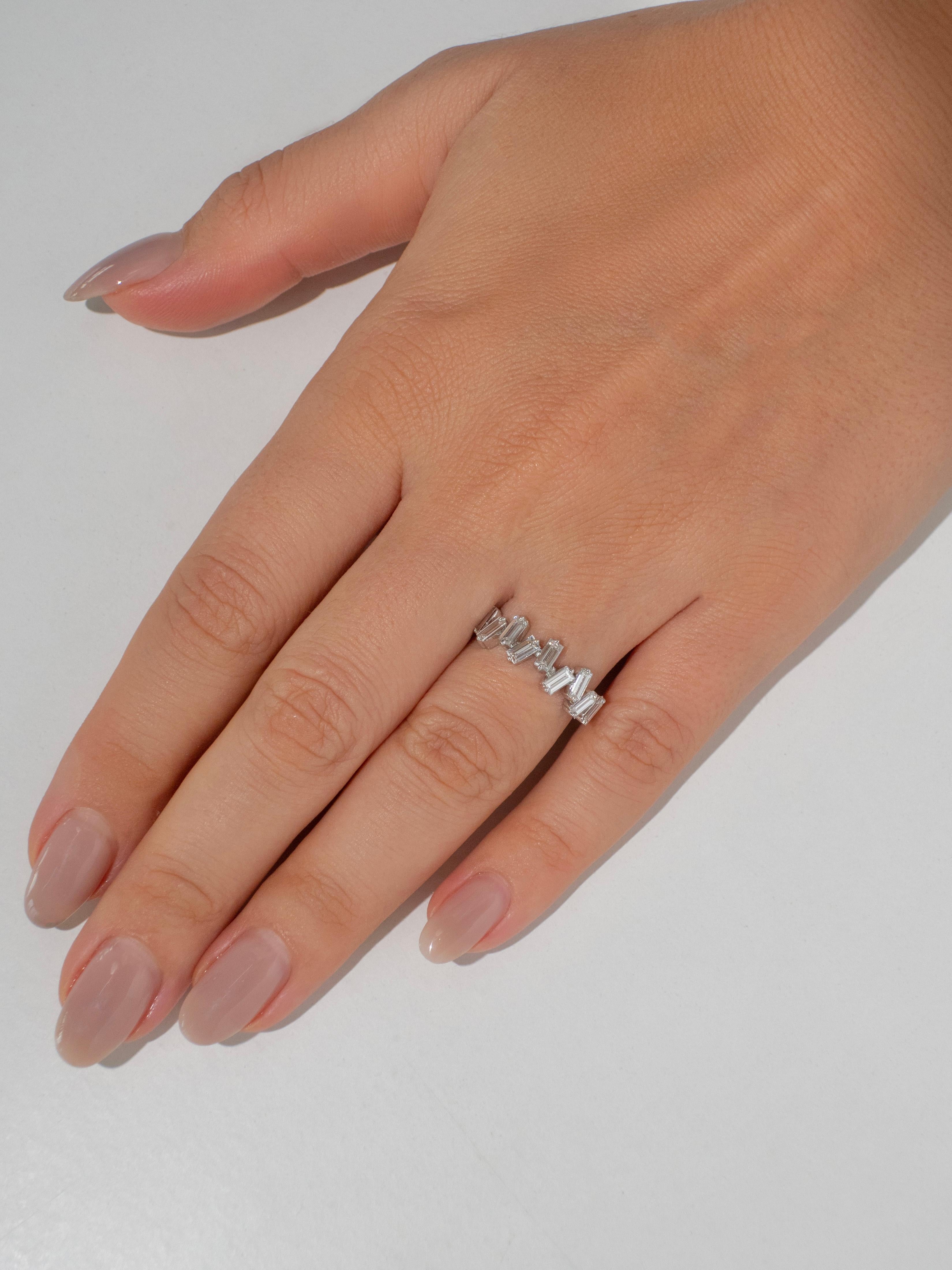 Baguette Cut Scattered Diamond Baguette Ring in 18k White Gold For Sale