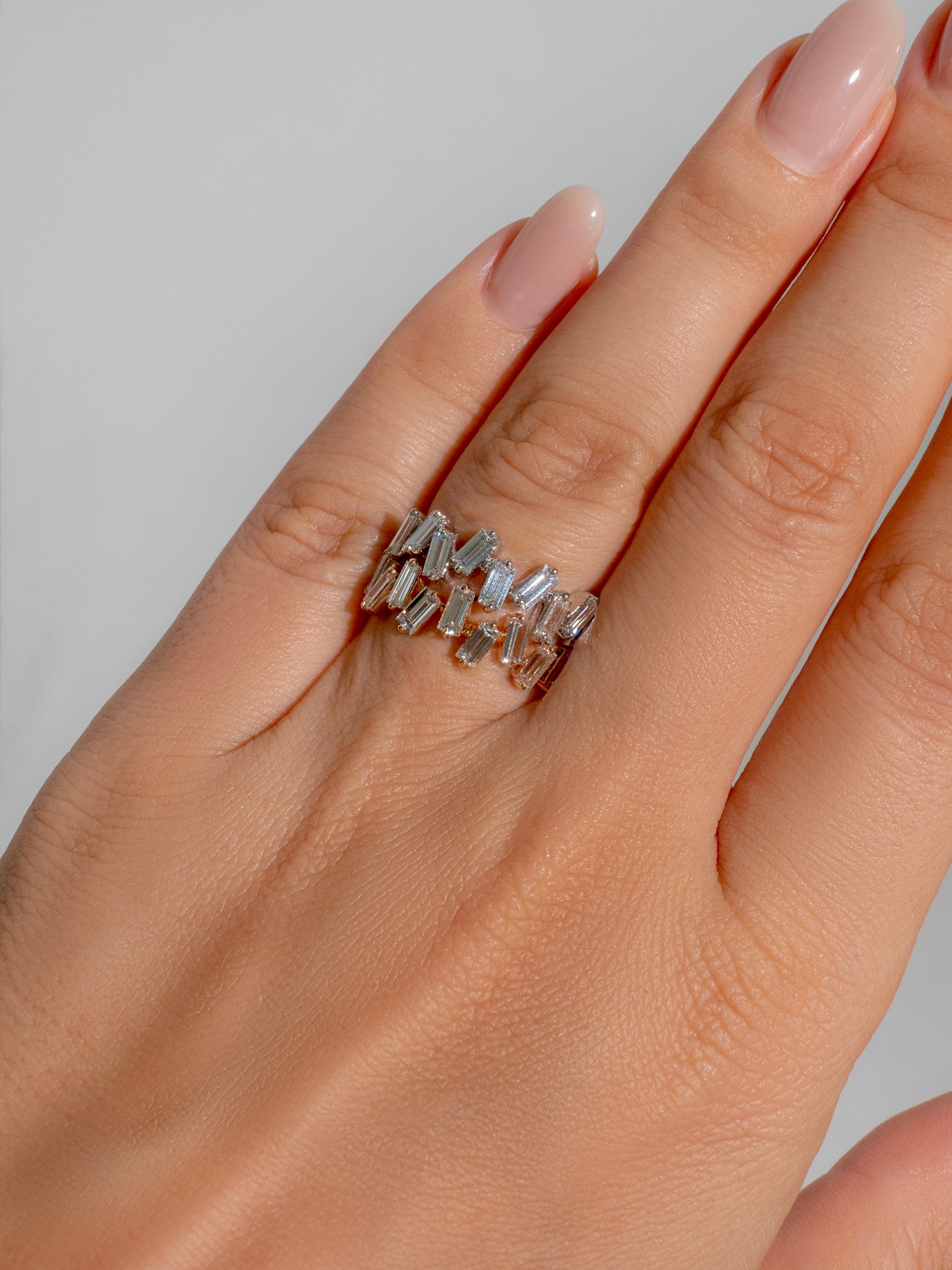 Scattered Diamond Baguette Ring in 18k White Gold For Sale 2