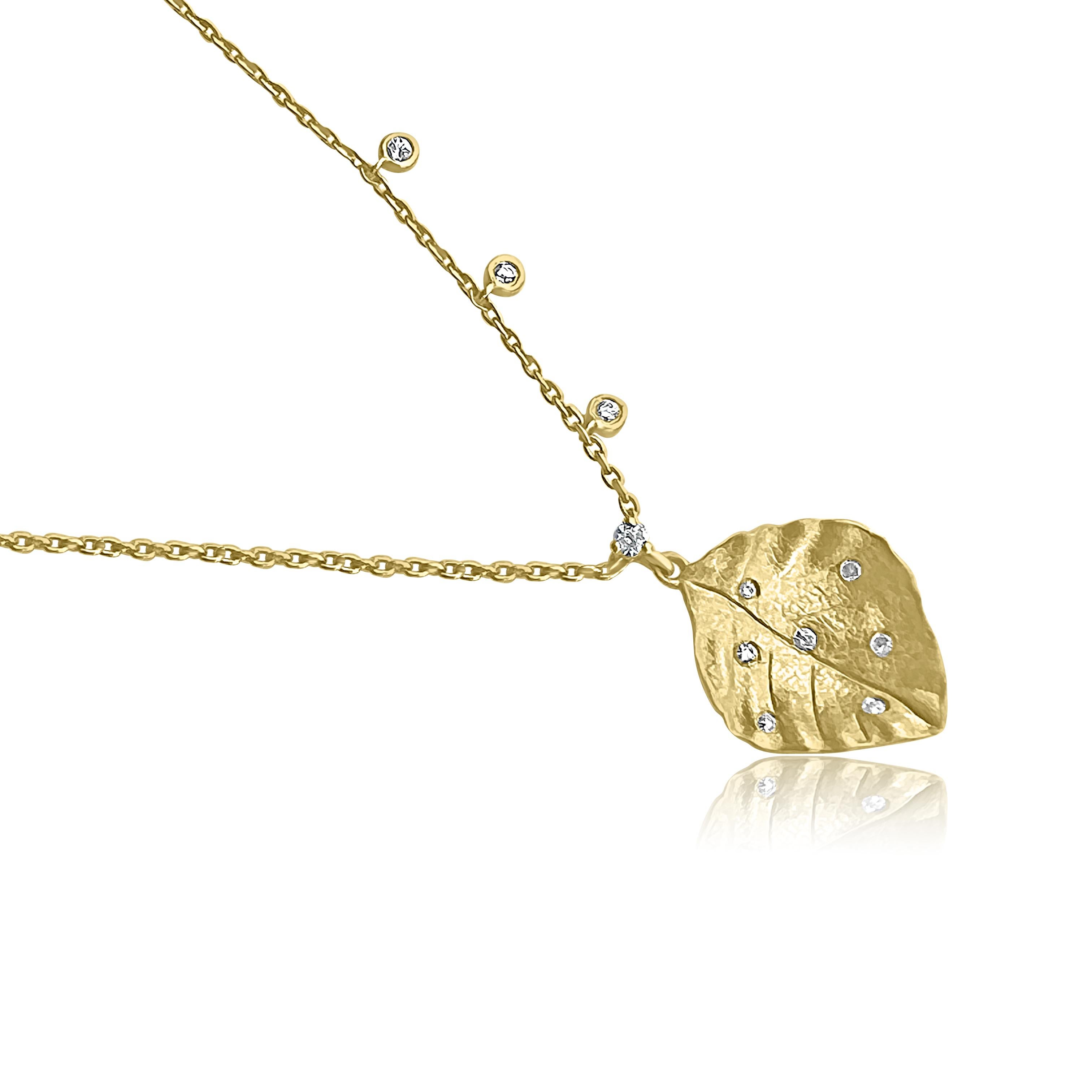 Brilliant Cut Scattered Diamonds Leaf Necklace with Three Asymmetrical Diamond Charms For Sale