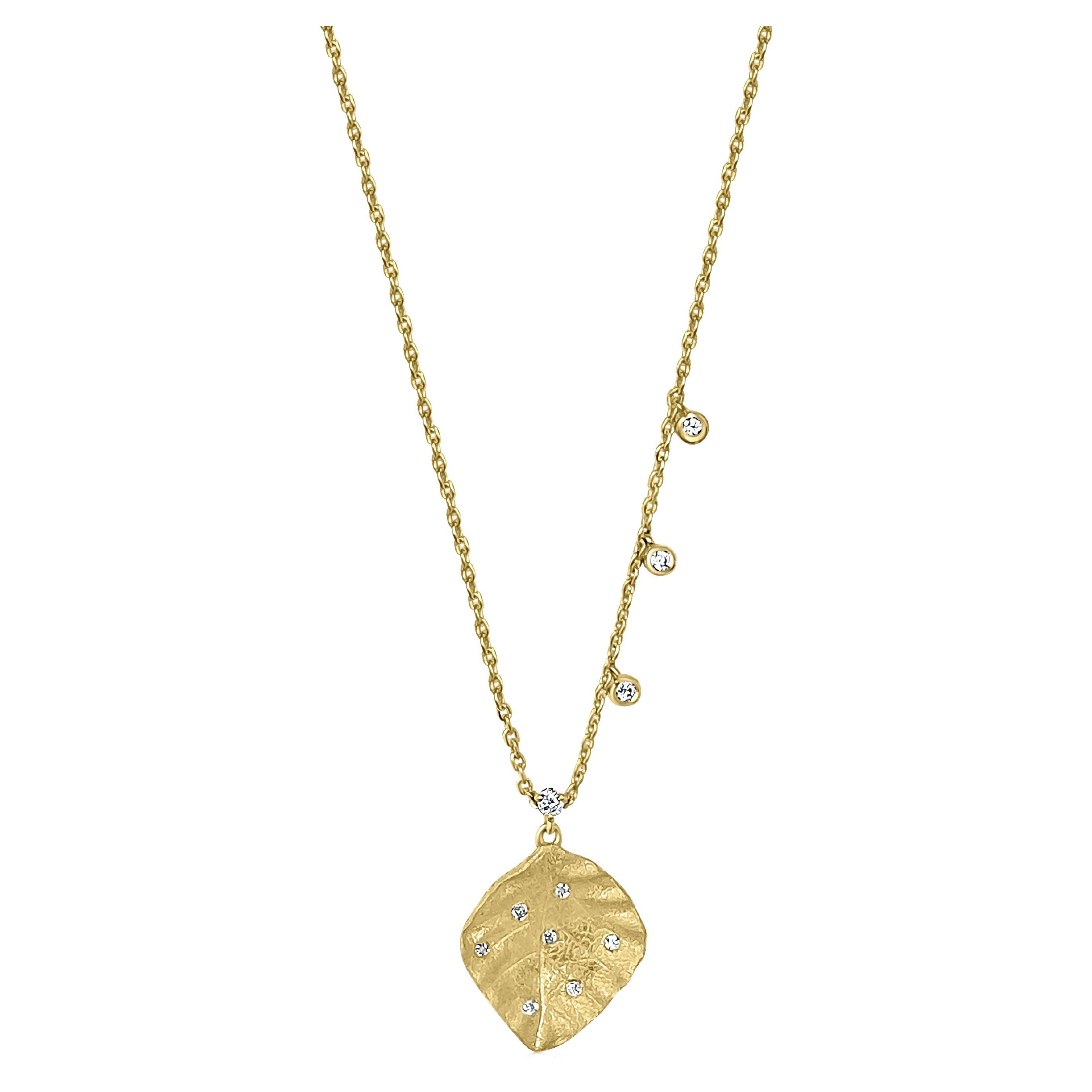 Scattered Diamonds Leaf Necklace with Three Asymmetrical Diamond Charms For Sale