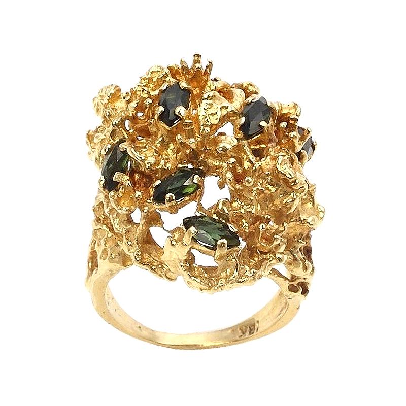 Scattered Marquise-Cut Green Tourmaline and 18 Karat Yellow Gold Cluster Ring