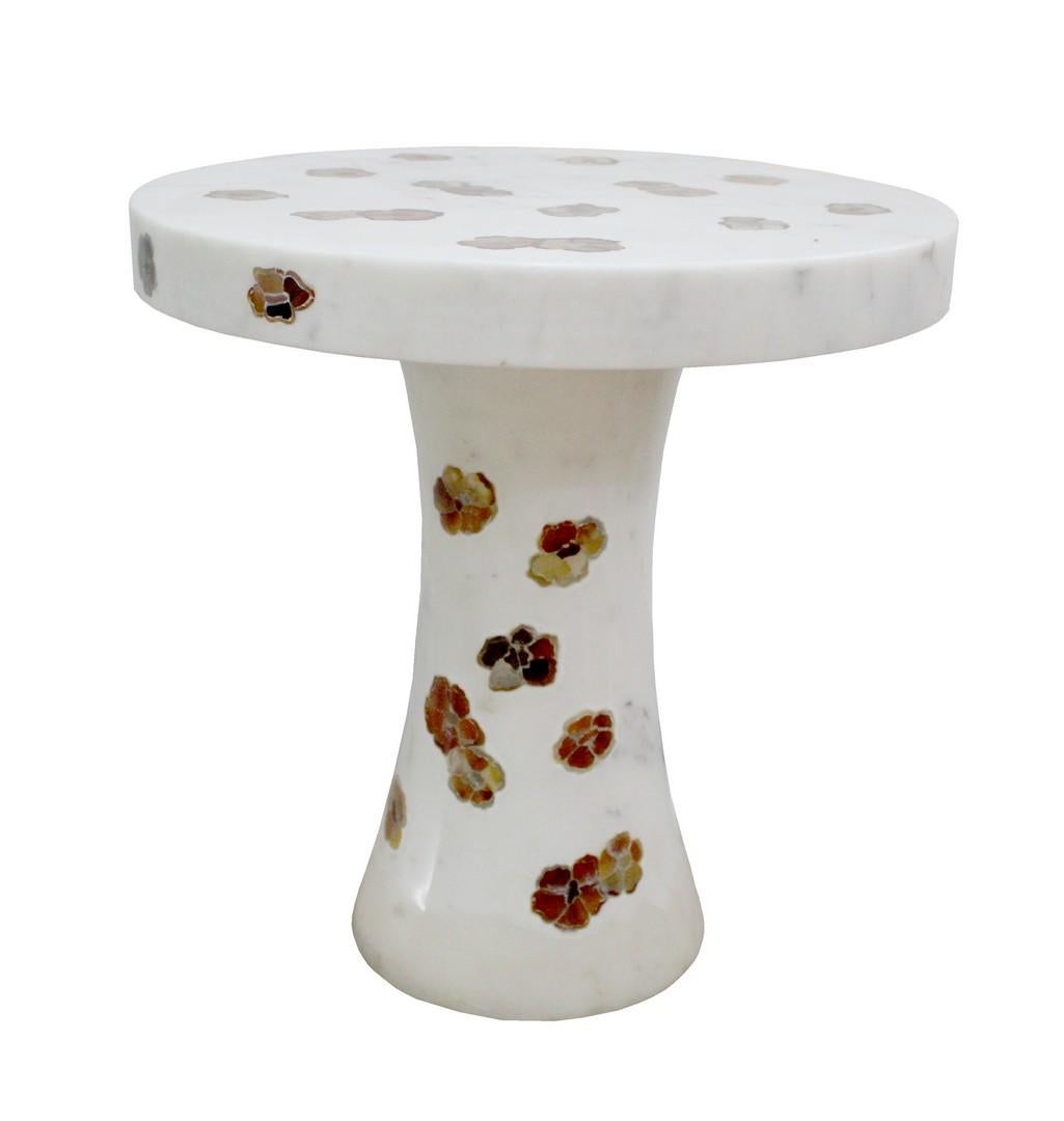 Indian Scattered Pansies Inlay Table in White Marble by Stephanie Odegard For Sale