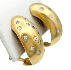 Scattered Round Diamond Half Hoop Earrings Set in Brushed 14 Karat Yellow Gold