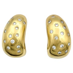 Scattered Round Diamond Half Hoop Earrings Set in Brushed 14 Karat Yellow Gold