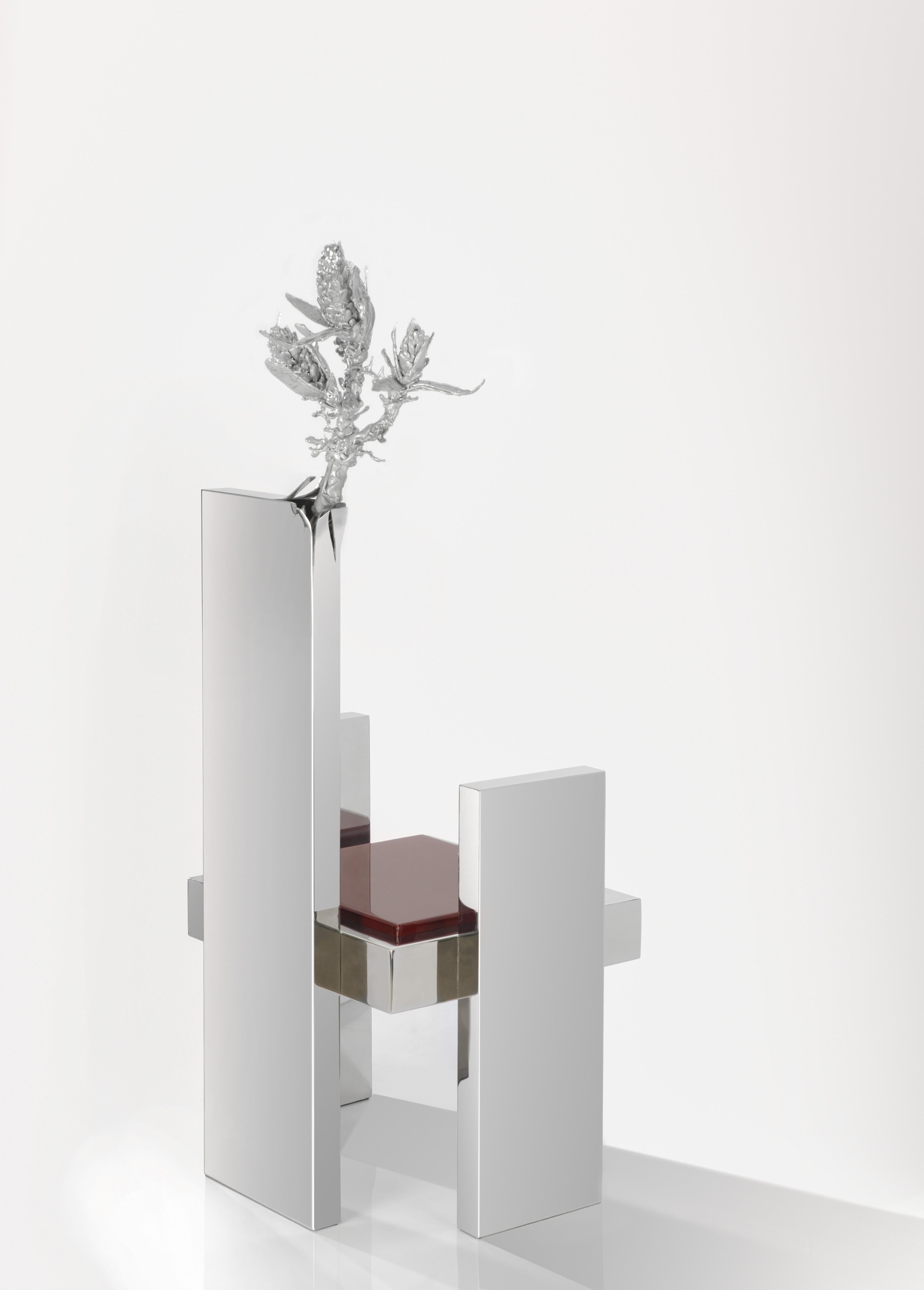 Lacquered Scavenger Stainless Steel Chair Brown Seat and Resin Sculpture by Roham Shamekh For Sale