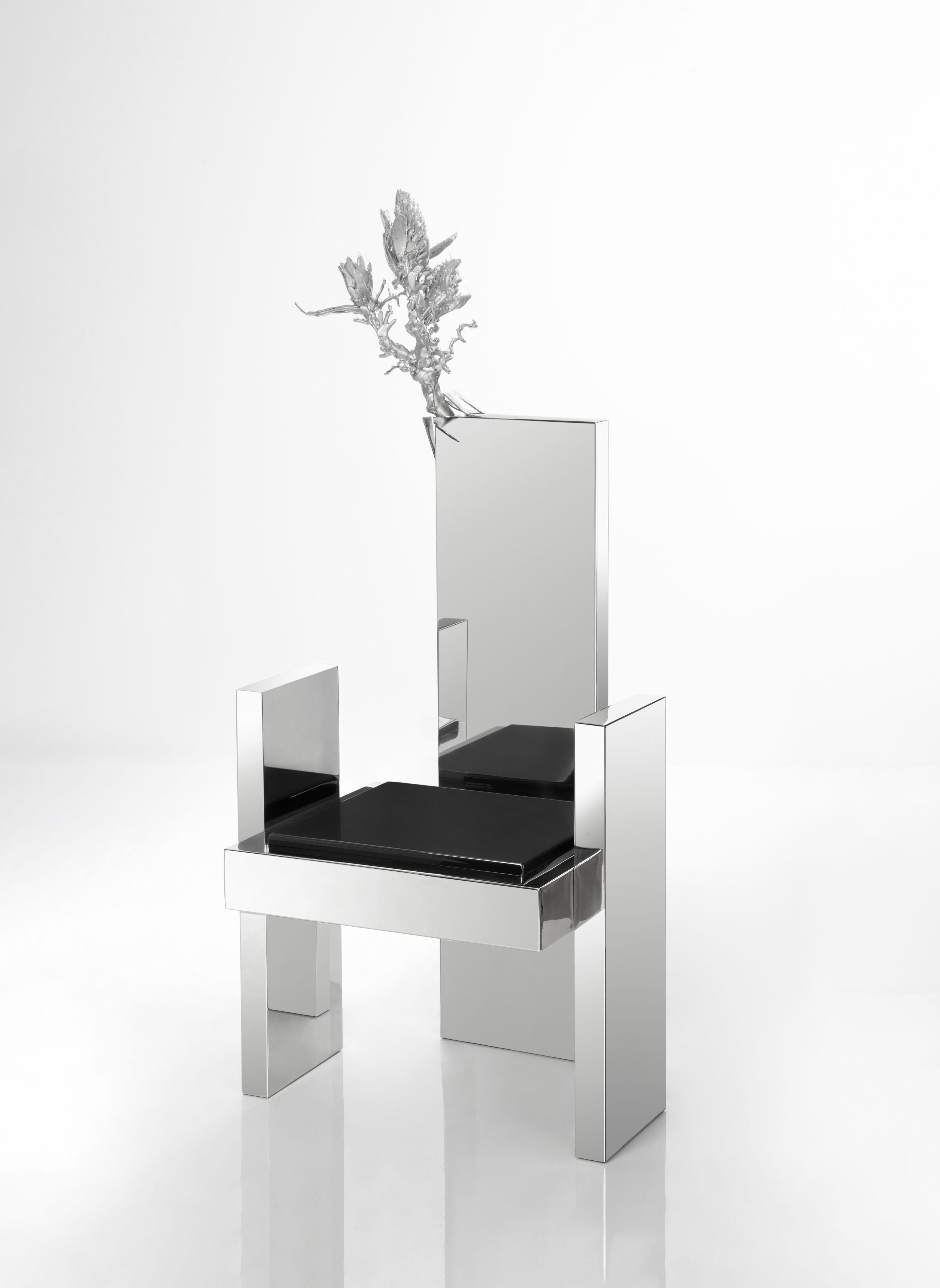 Lacquered Scavenger Stainless Steel Chair Black Seat and Resin Sculpture by Roham Shamekh For Sale
