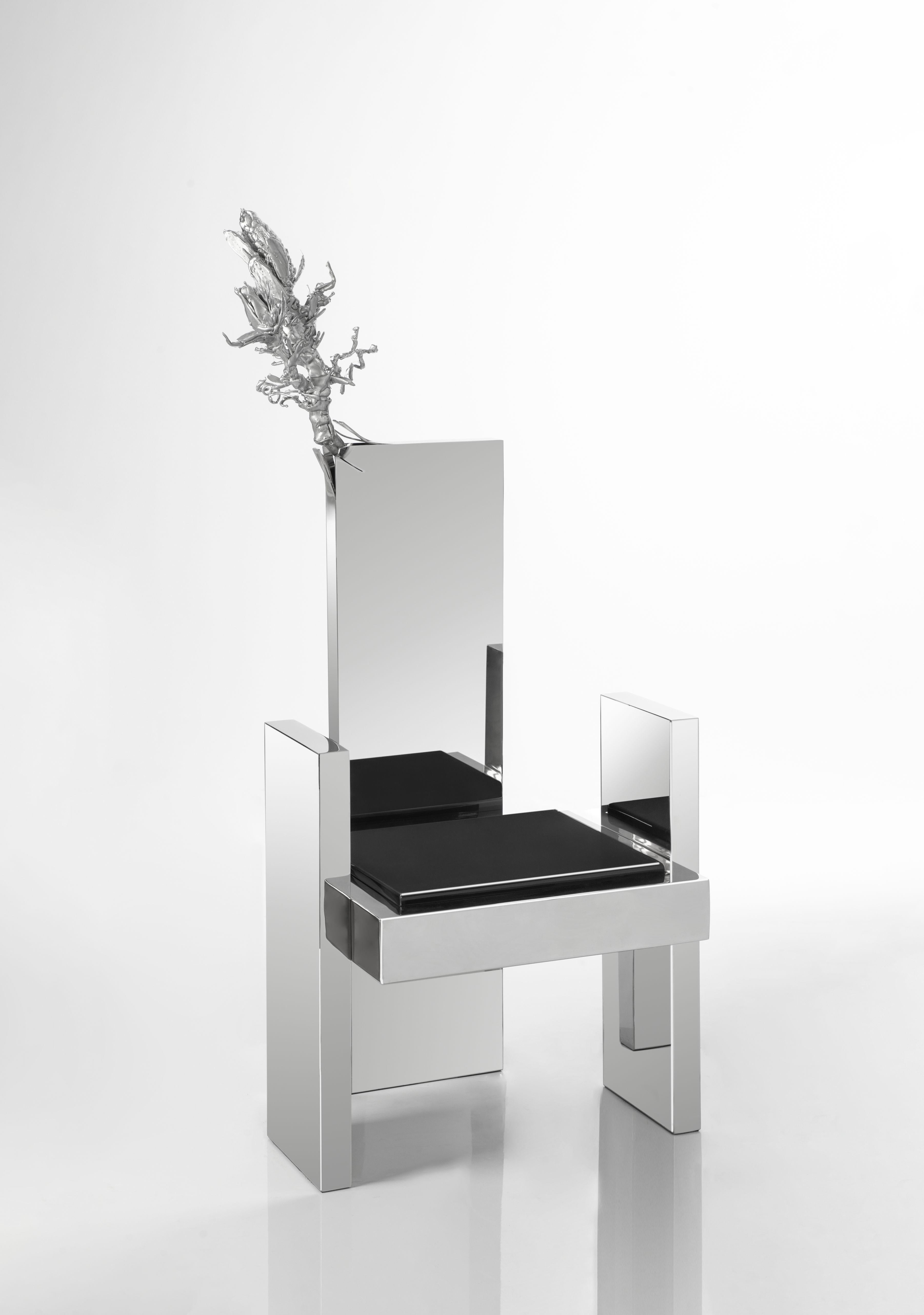 Scavenger Stainless Steel Chair Black Seat and Resin Sculpture by Roham Shamekh In New Condition For Sale In New York, NY