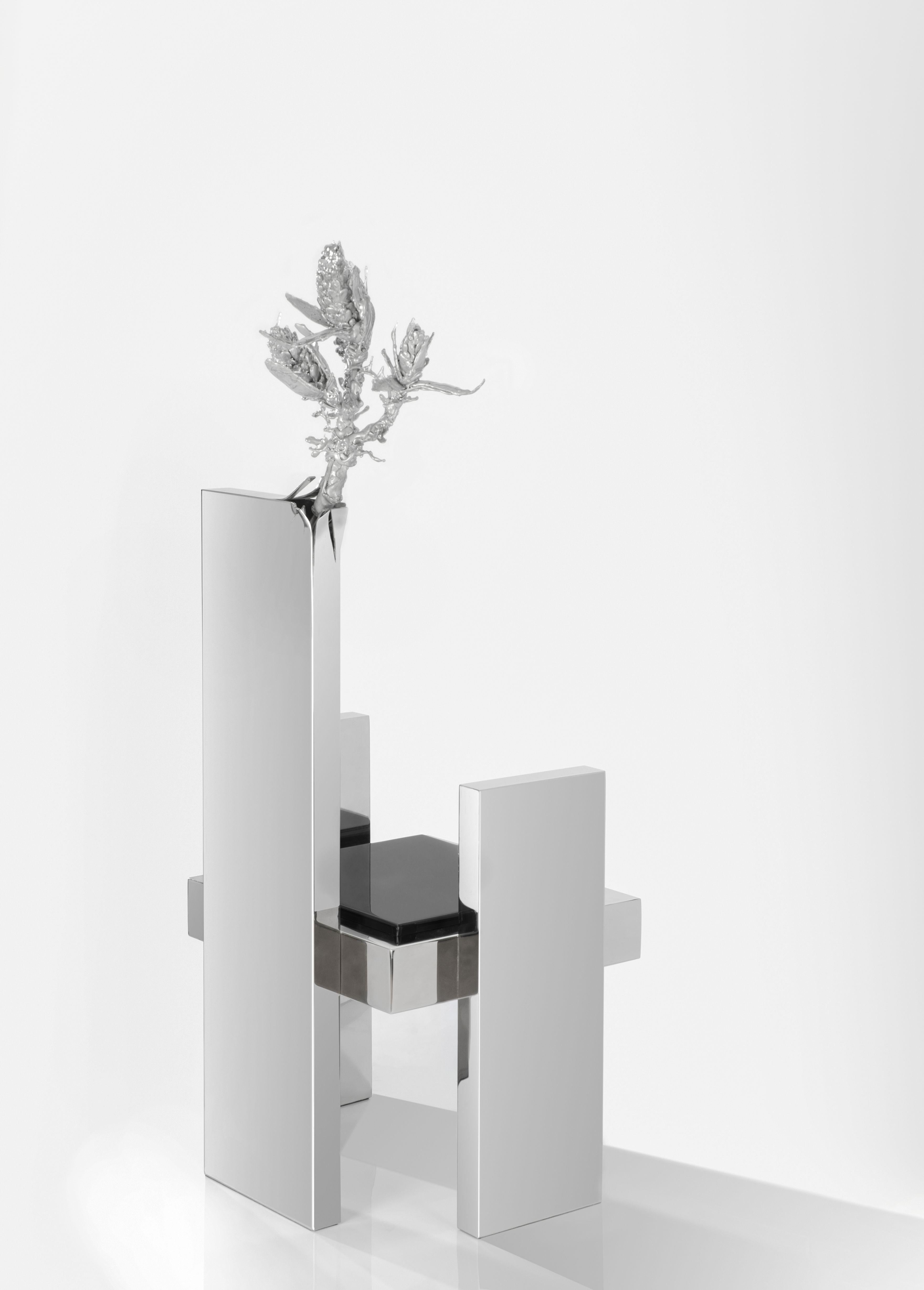 Contemporary Scavenger Stainless Steel Chair Black Seat and Resin Sculpture by Roham Shamekh For Sale