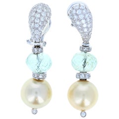 Scavia 18 Karat Gold, Diamond Aquamarine and Pearl Drop Earrings 5.5 Carat 16.9g