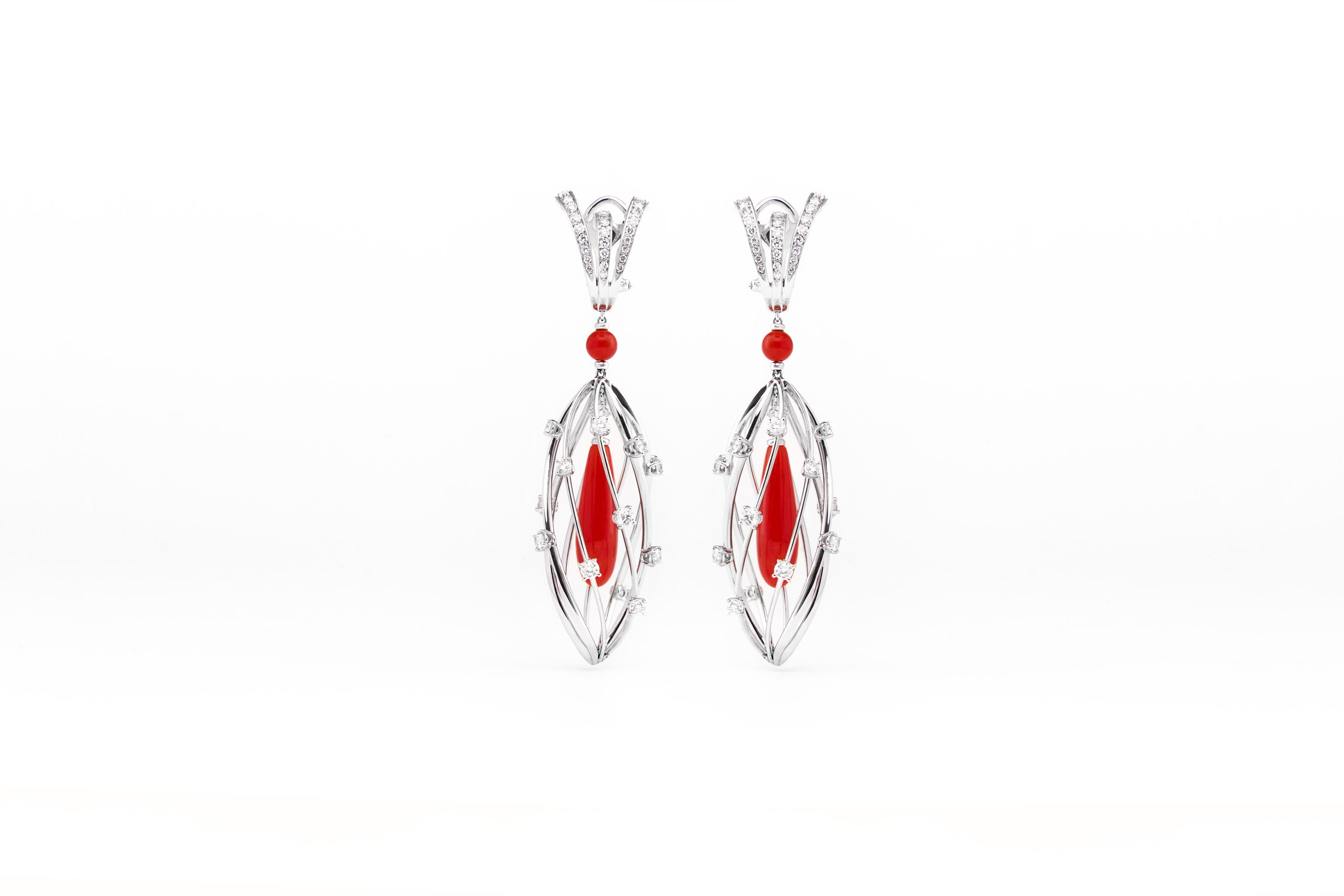 SCAVIA 2.94 Ct Diamonds Pavè RED CAGE Earrings 18K White Gold For Sale 2