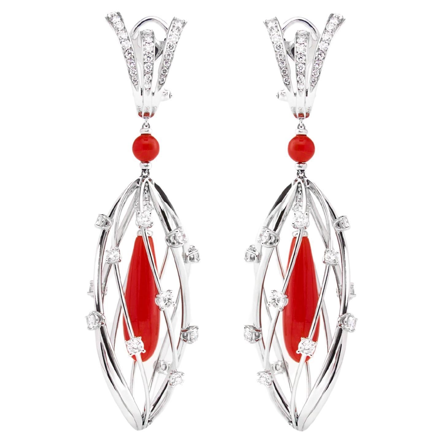 SCAVIA 2.94 Ct Diamonds Pavè RED CAGE Earrings 18K White Gold For Sale