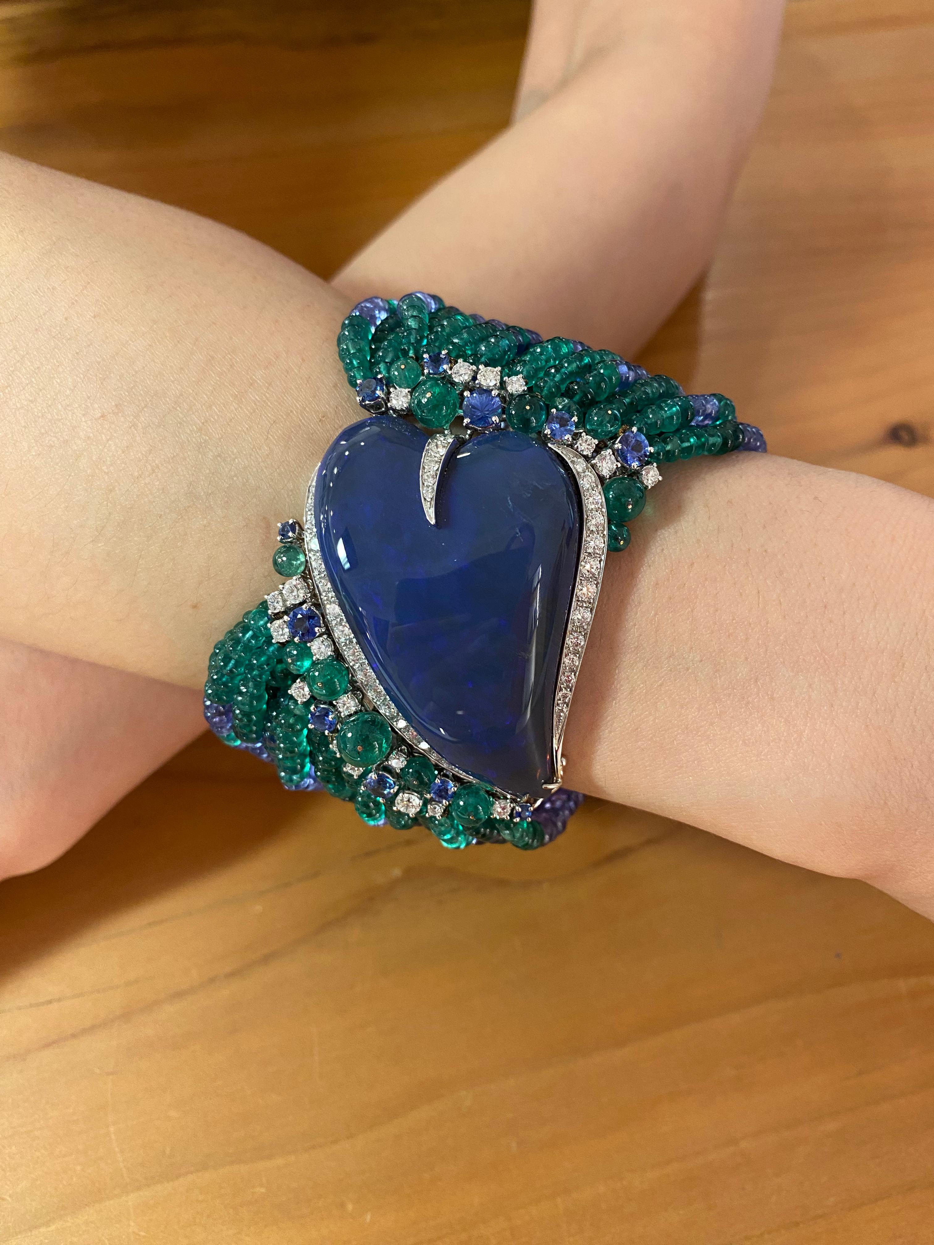Cabochon SCAVIA Poseidon Tanzanite and Emerald Bracelet For Sale