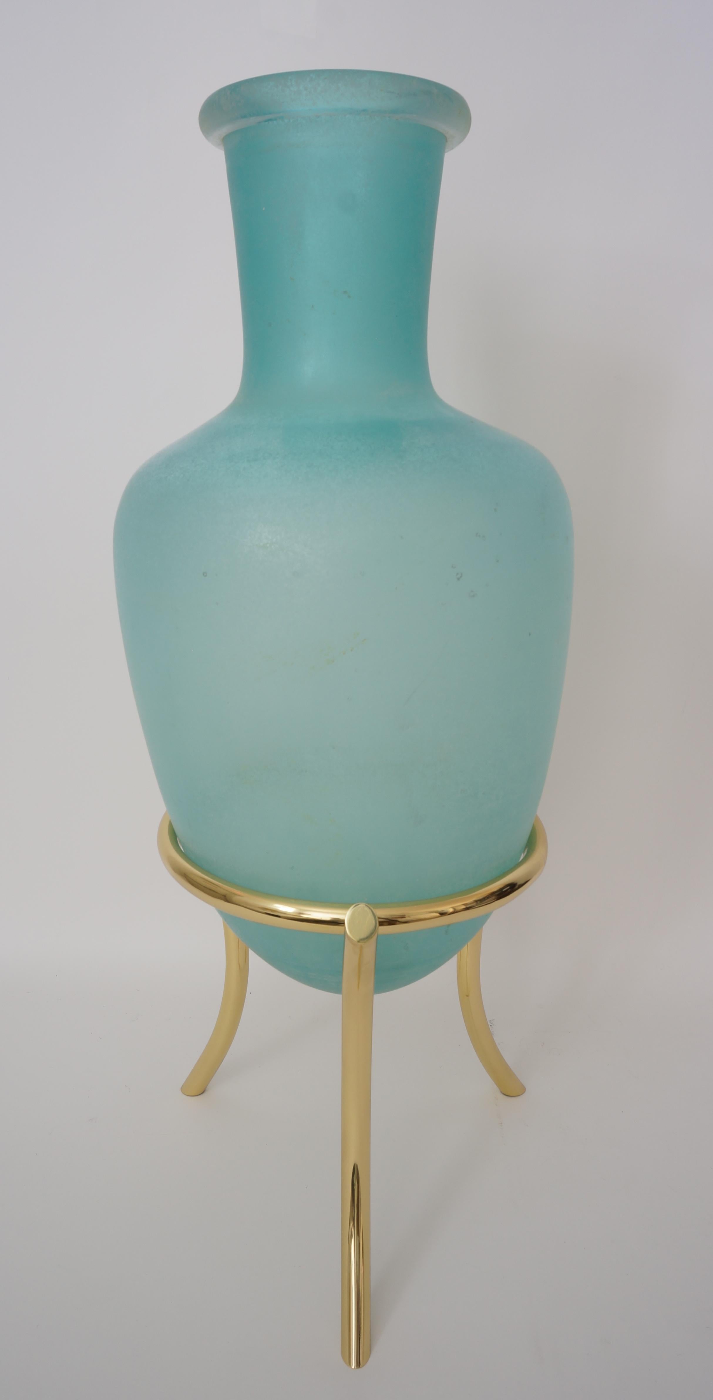 Vintage Scavo Corroso Murano amphora on a polished brass tripod stand from a Palm Beach estate

amphora itself is 12