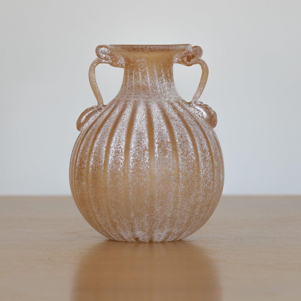 Beautiful vintage Italian Scavo vase made of frosted creamy ivory glass. Amphora shape with small glass handles. 