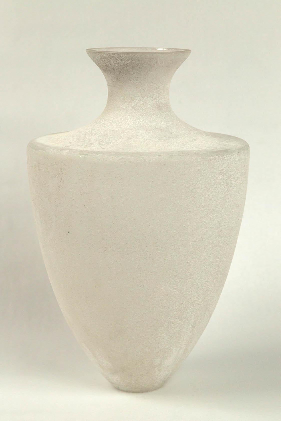 Scavo glass vase by Seguso, Murano, Italy, 20th century. A large neoclassic shape vase with Scavo (frosted) finish. Scavo glass was developed in Murano in the 1940s to simulate excavated antique Roman glass.