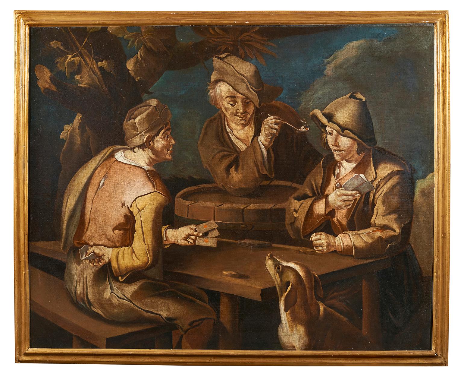 Painting oil on canvas with dimensions of 119 x 149 without frame and 130 x 160 cm with frame depicting a scene en plen air with a dog and card players of the painter Giacomo Francesco Cipper called the Todeschini. 

The different variants of this