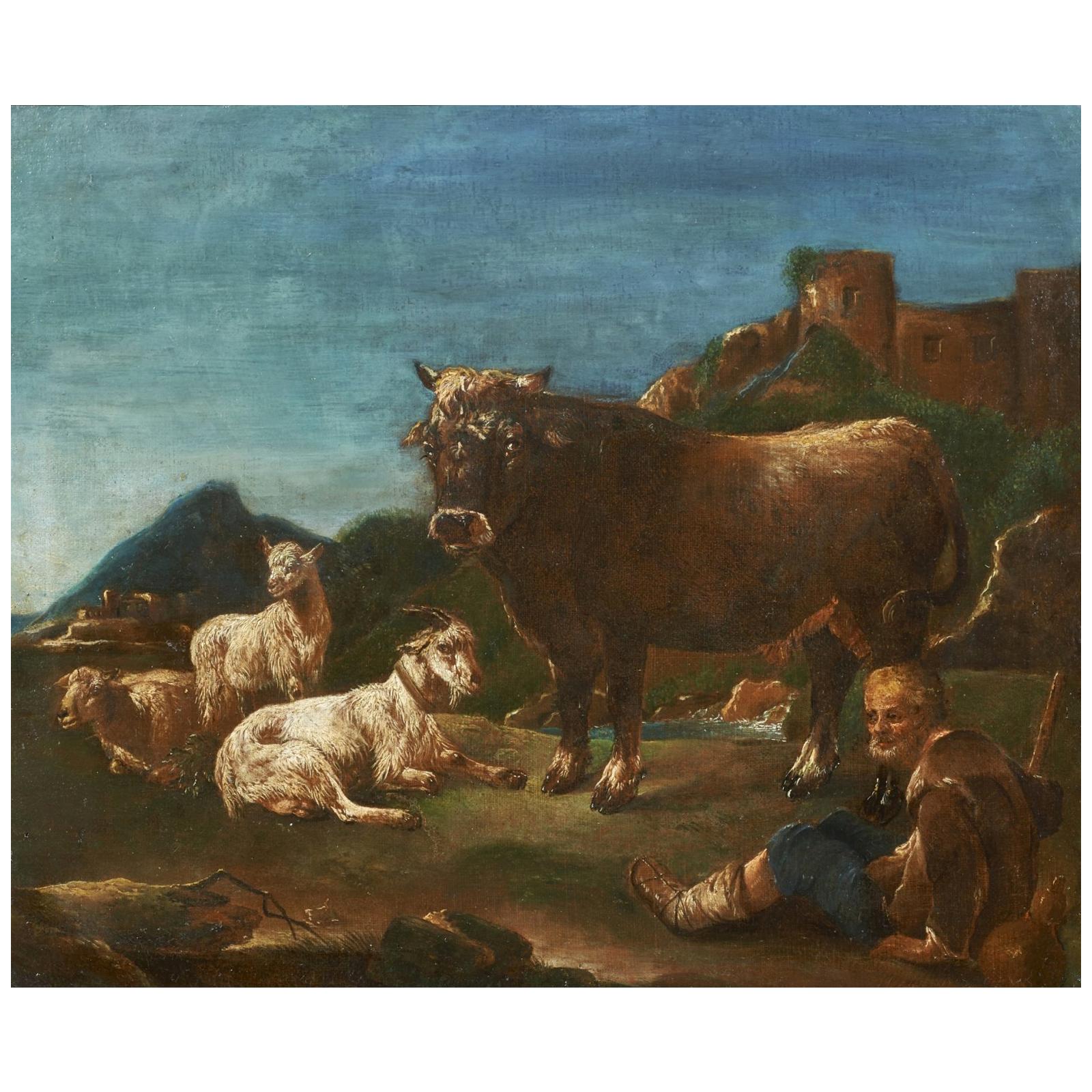 Scena Pastorale, Rosa da Tivoli, 17th Century Oil on Canvas Landscape Painting For Sale