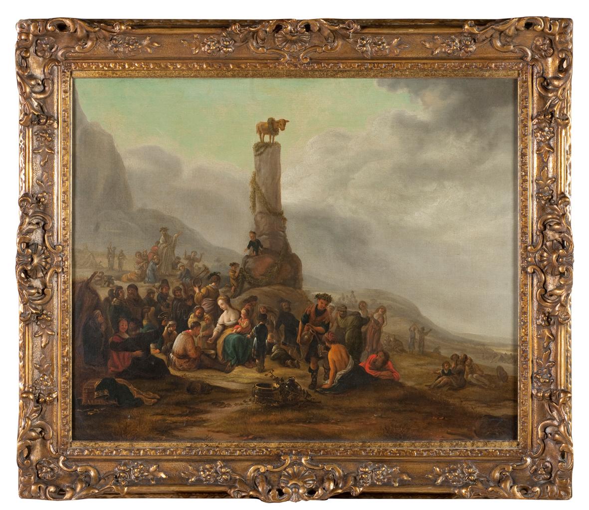 Painting oil on canvas with dimensions of 66 x 81 cm without frame and 85 x 96 cm with frame of the early 19th century depicting Moses and the golden calf of the painter Theodor Helmbreker (Haarlem 1633 - Rome 1696). 

Let's tell a little about