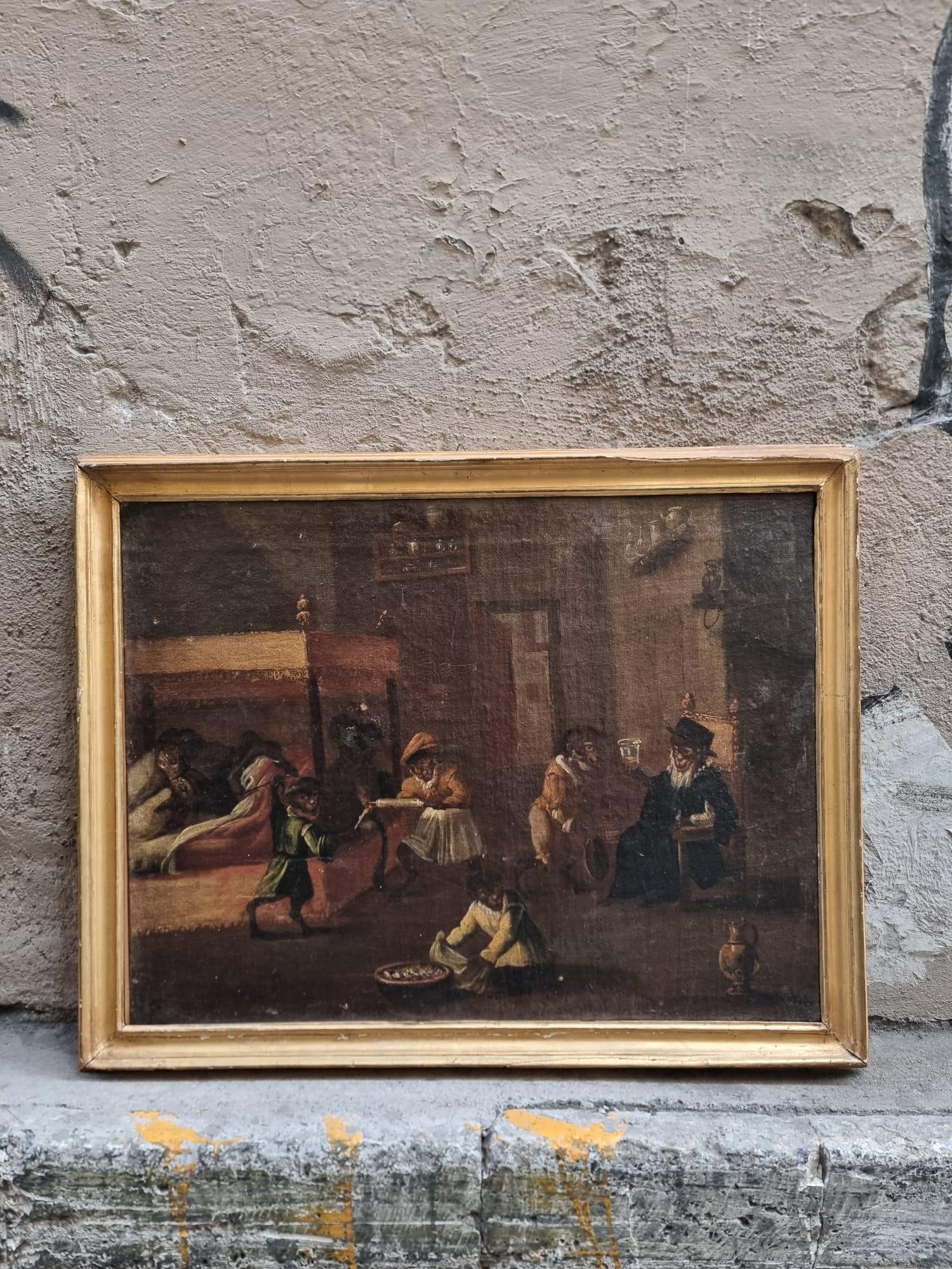 Interior scenes with little monkeys.

The inventor of these unusual works was precisely a Fleming named David Teniers the Younger. At one point in his career he had the idea of placing groups of monkeys in environments, especially indoors, engaged