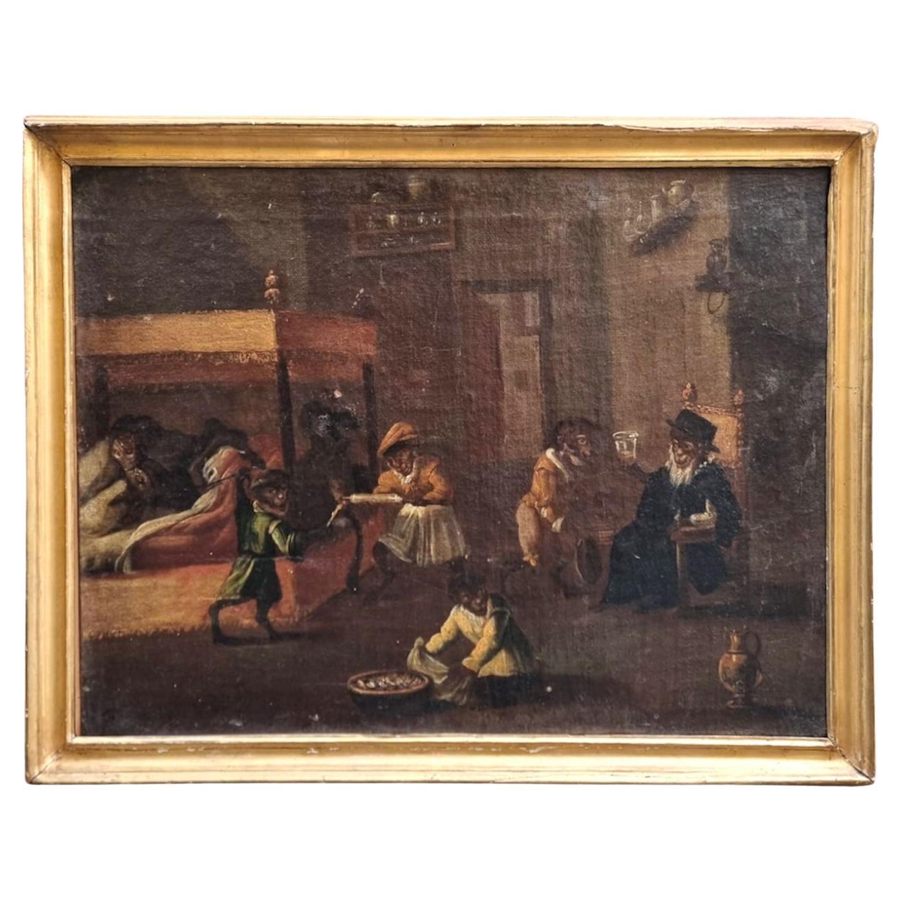 Interior scenes with monkeys, 17th century For Sale