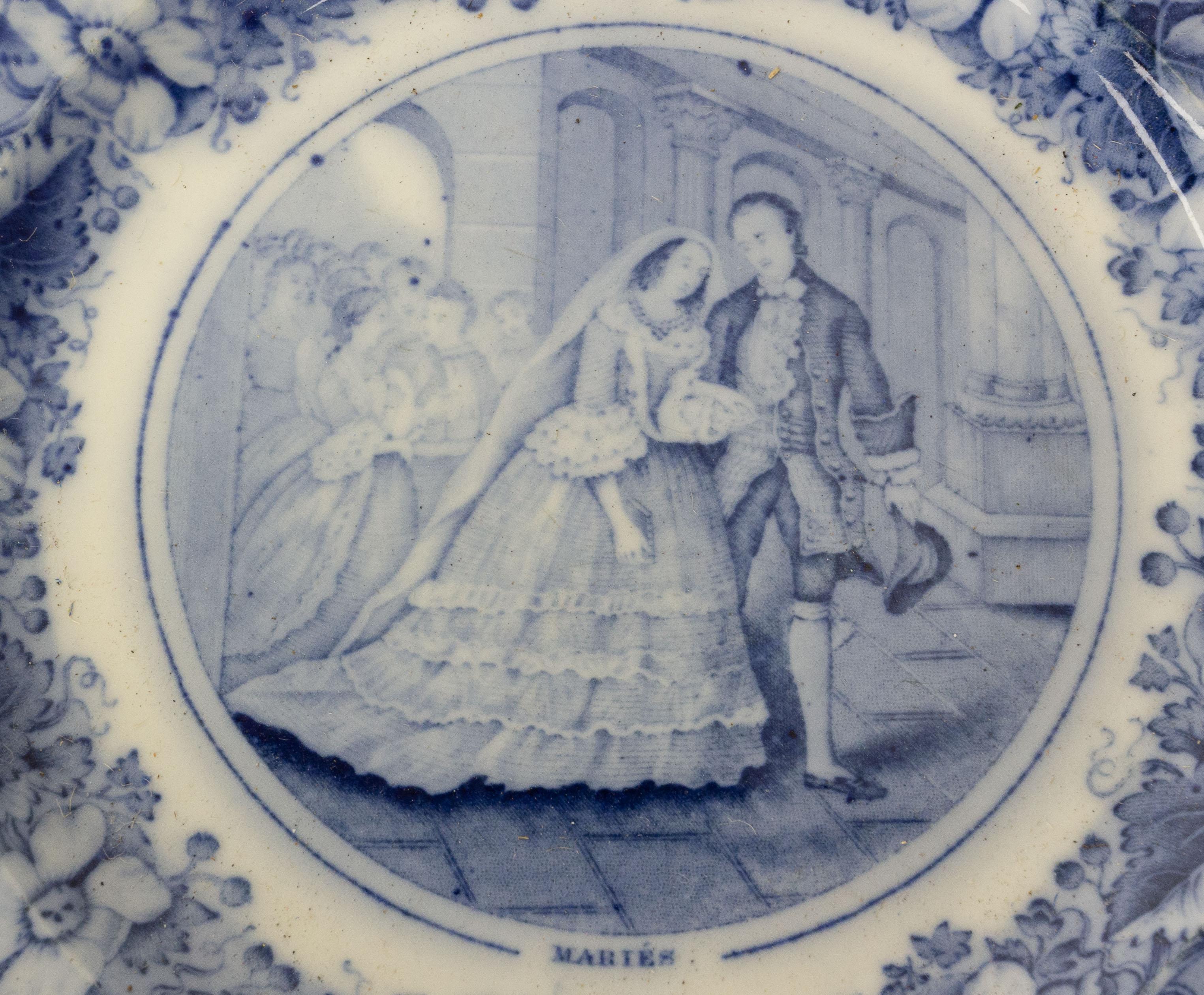 Romantic  Scene Faience Plates, Wedding Scene, Bordeaux France Late 19th Century