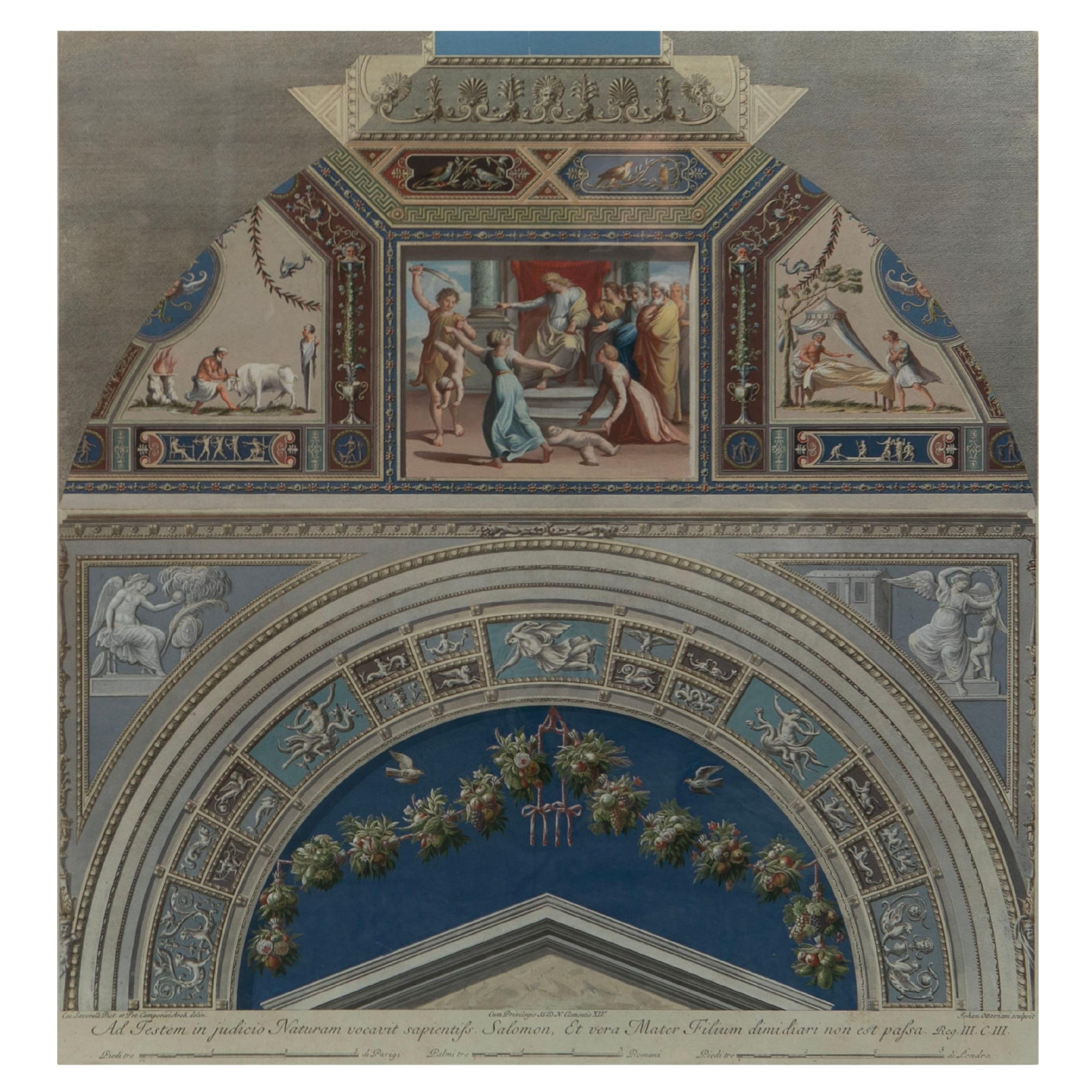 Giovanni Ottaviani (Italie, 1735-1808)
Titre : Scène des voûtes du cloître dans les loggias de Raphael, Vatican. Non. I

Grande eau-forte délicieusement colorée à la main, tirée de la série Loggie di Rafaele nel Vaticano, publiée à Rome entre 1772