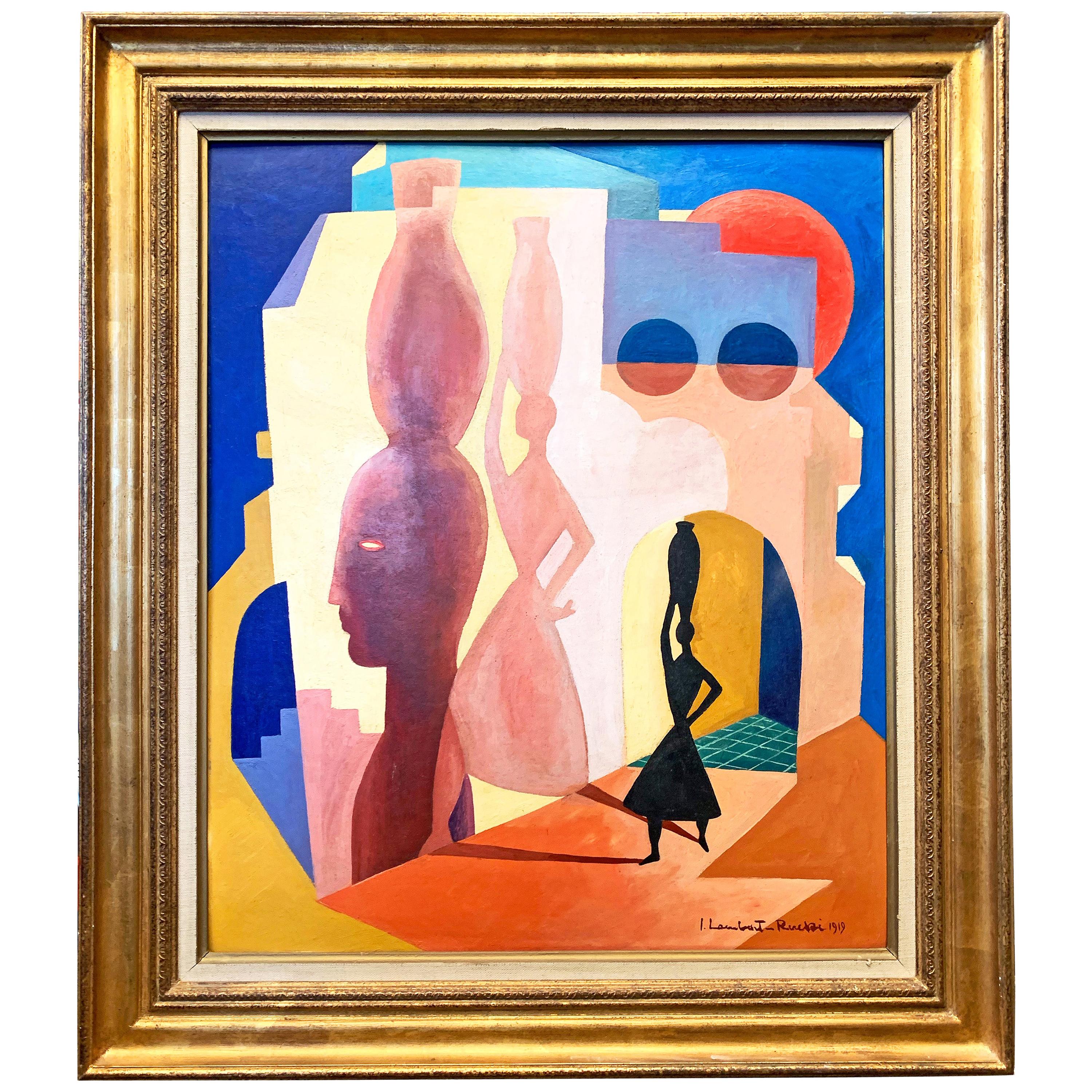 "Scene from Italy, " Fabulous Scene w/ Woman and Jar in Coral, Deep Blue and Rose