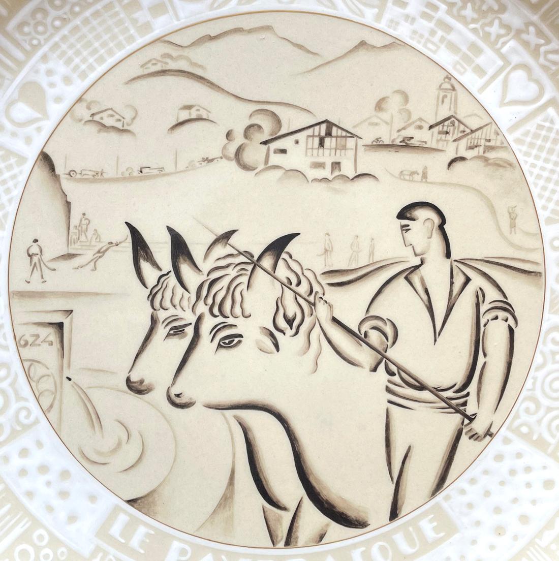 Brilliantly designed by Jean Beaumont and beautifully glazed by Charles Fritz for the famed Sèvres Porcelain works in 1936, this enormous, unique platter depicts a Basque farmworker driving two bulls through the countryside, with a lovely fountain