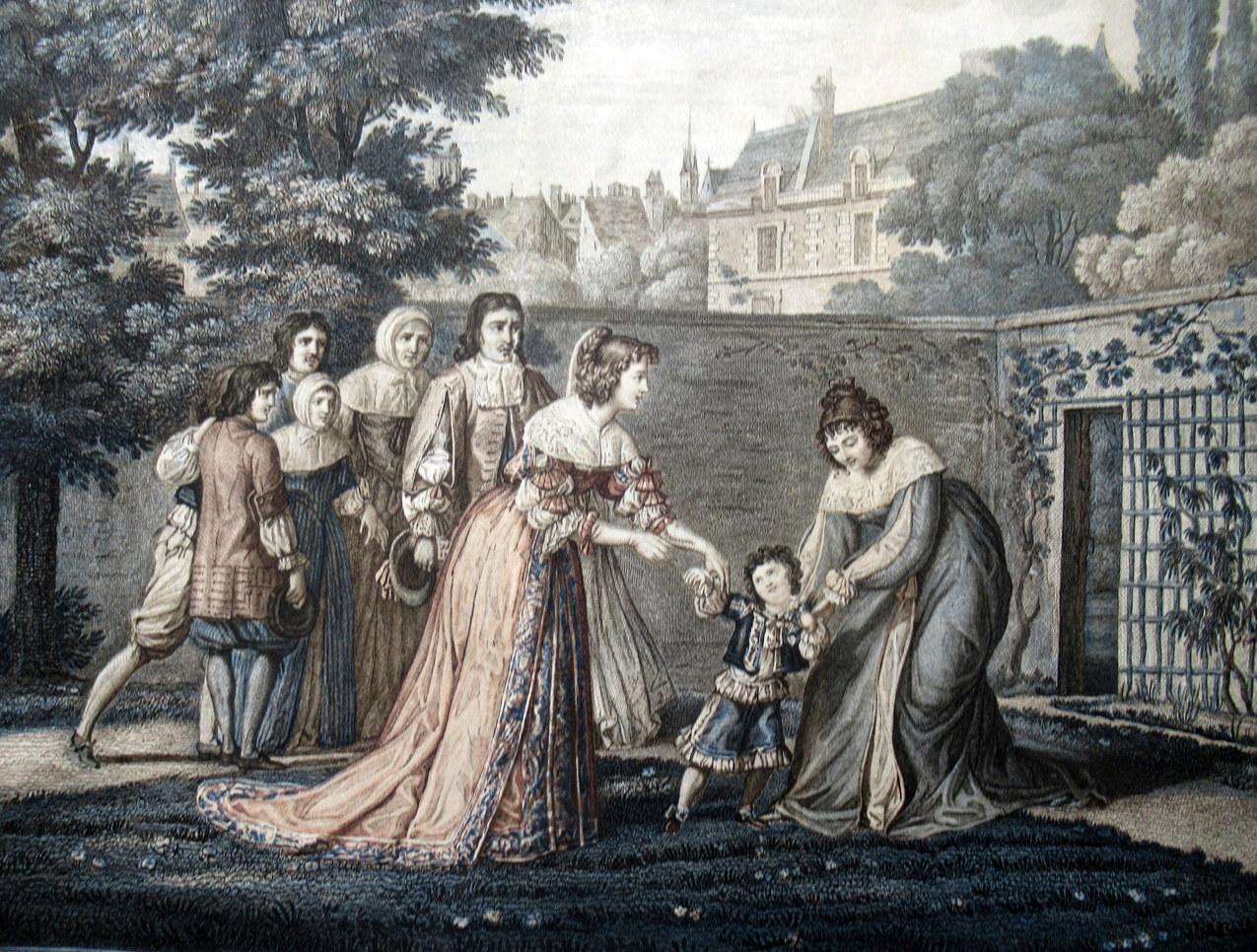 Victorian Scene of Duchess La Valliere and Louis XIV Antique French Colored Engraving For Sale