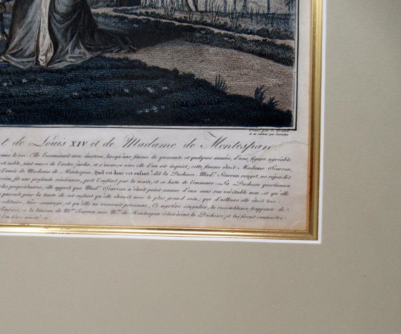 Antike französische Farbgravur der Herzogin La Valliere und Ludwig XIV. (Französisch) im Angebot
