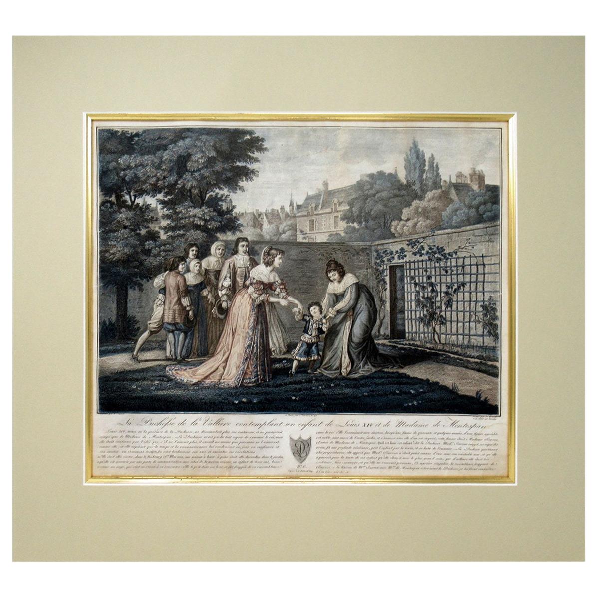 Scène de la duchesse La Vallière et de Louis XIV , gravure française ancienne en couleur