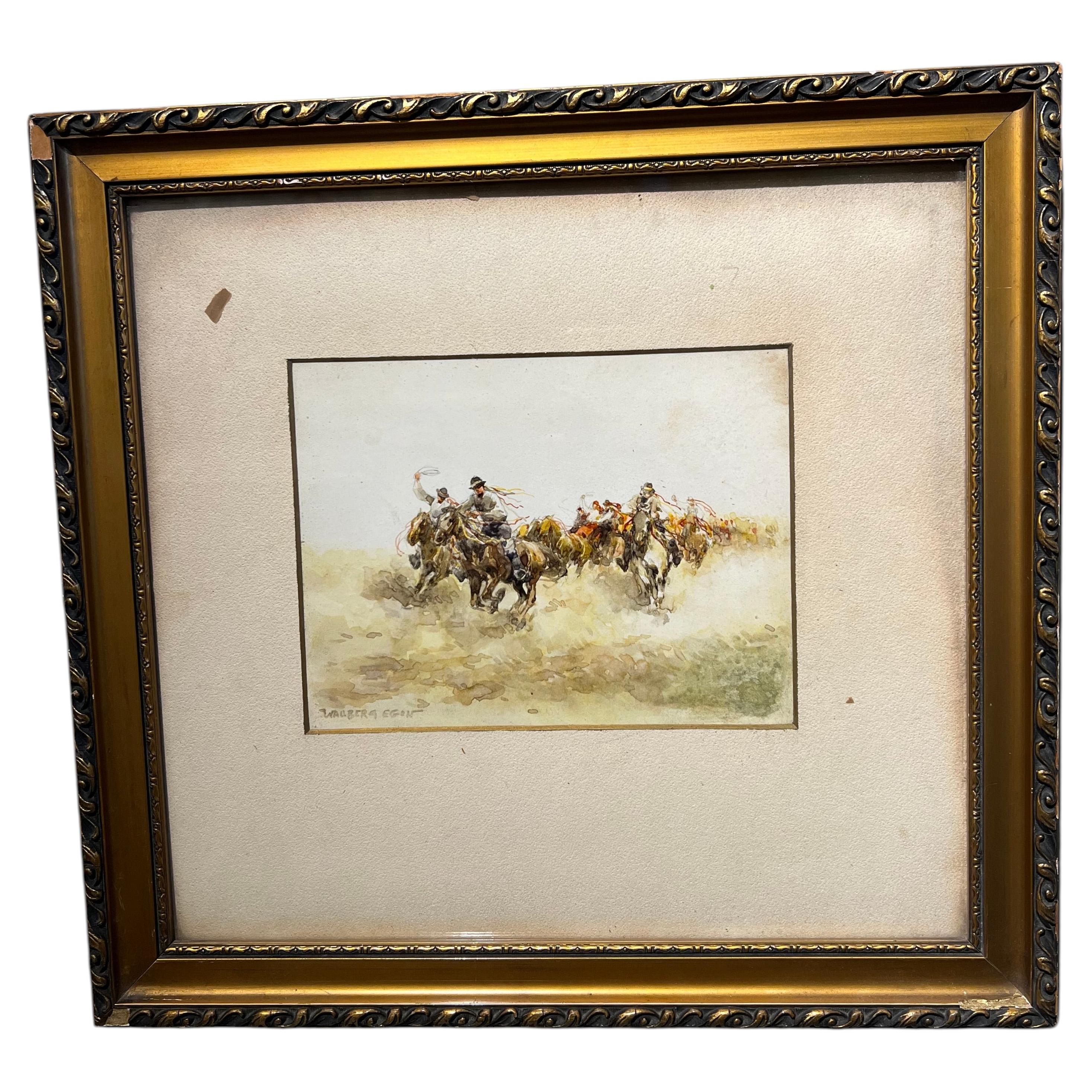 Szene mit Cowboys, Aquarell auf Papier, signiert, um 1970, gerahmt