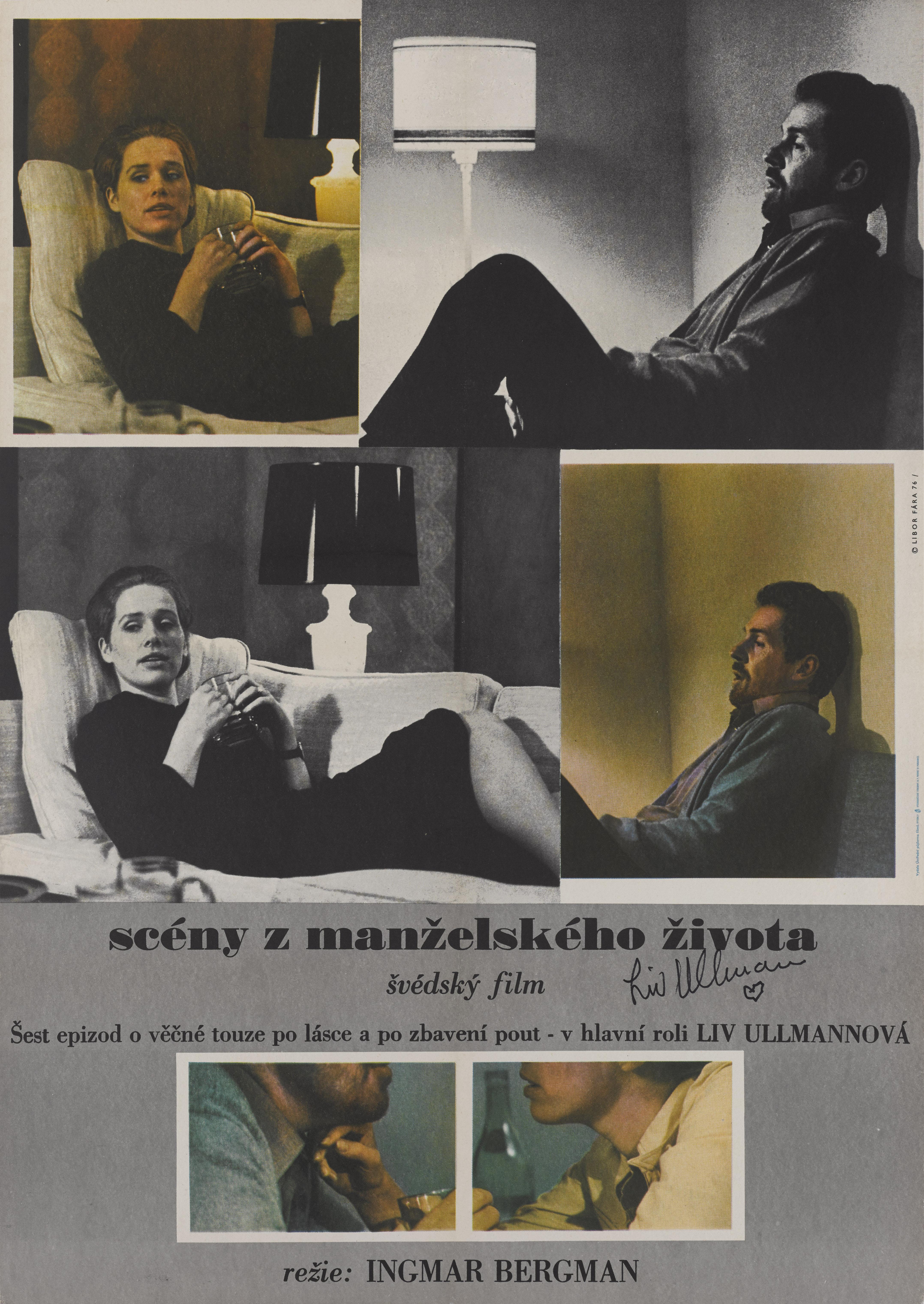 Original Czechoslovakian film poster for 1974 Swedish film written and directed by Ingmar Bergman, and stars Liv Ullmann, Erland Josephson, and Bibi Andersson. The film shows the relationship and life experiences that hold together the marriage of