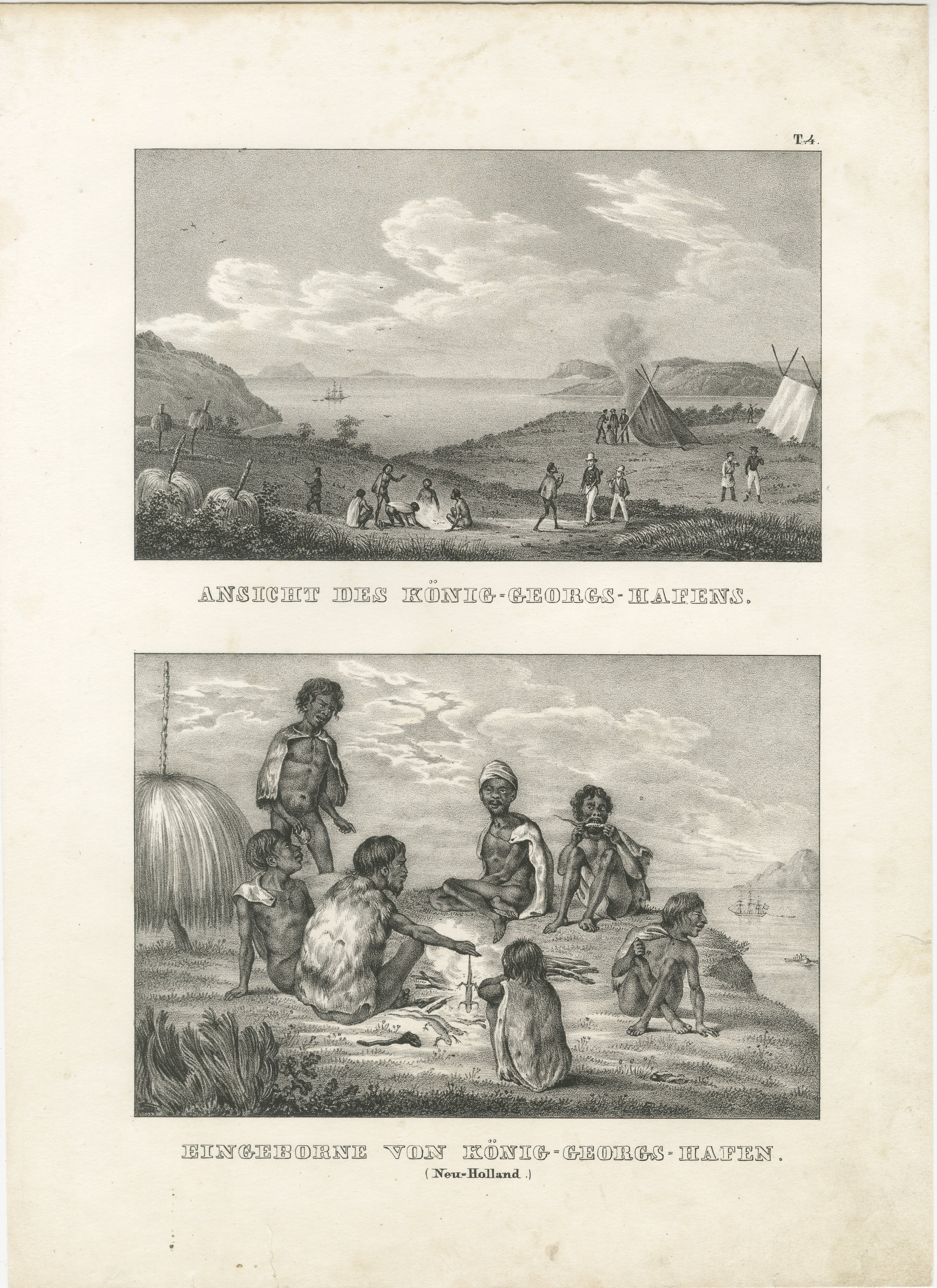 Titel: Szenen aus King George's Harbour, New Holland  

Beschreibung: Diese Lithografie von ca. 1836 zeigt eine faszinierende Doppeldarstellung des Lebens im King George's Harbour (dem heutigen Albany, Westaustralien) während Dumont d'Urvilles Reise