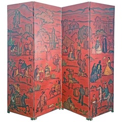 Vintage "Scenes from Mexico, " 1940s Oxblood Folding Screen by José A. Monroy, Muralist