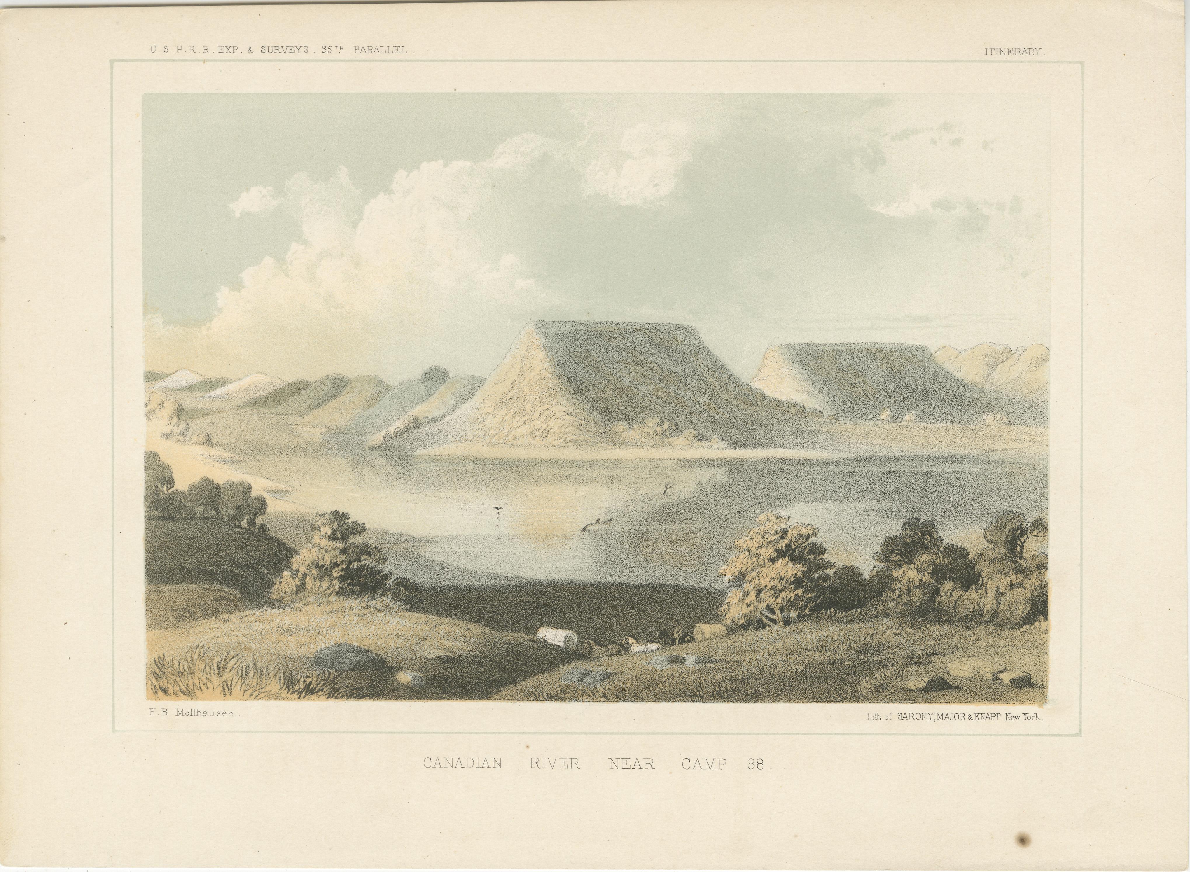 Scenic Canadian River Landscape Near Camp 38 – A Mid-19th Century Expedition  

This lithograph presents a serene view of the Canadian River near Camp 38, capturing the natural beauty of the American Southwest during the mid-19th century. Part of an