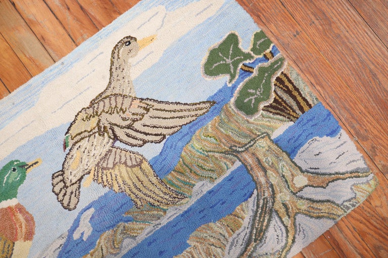 Scenic Duck American Hooked Pictorial Rug For Sale at 1stDibs