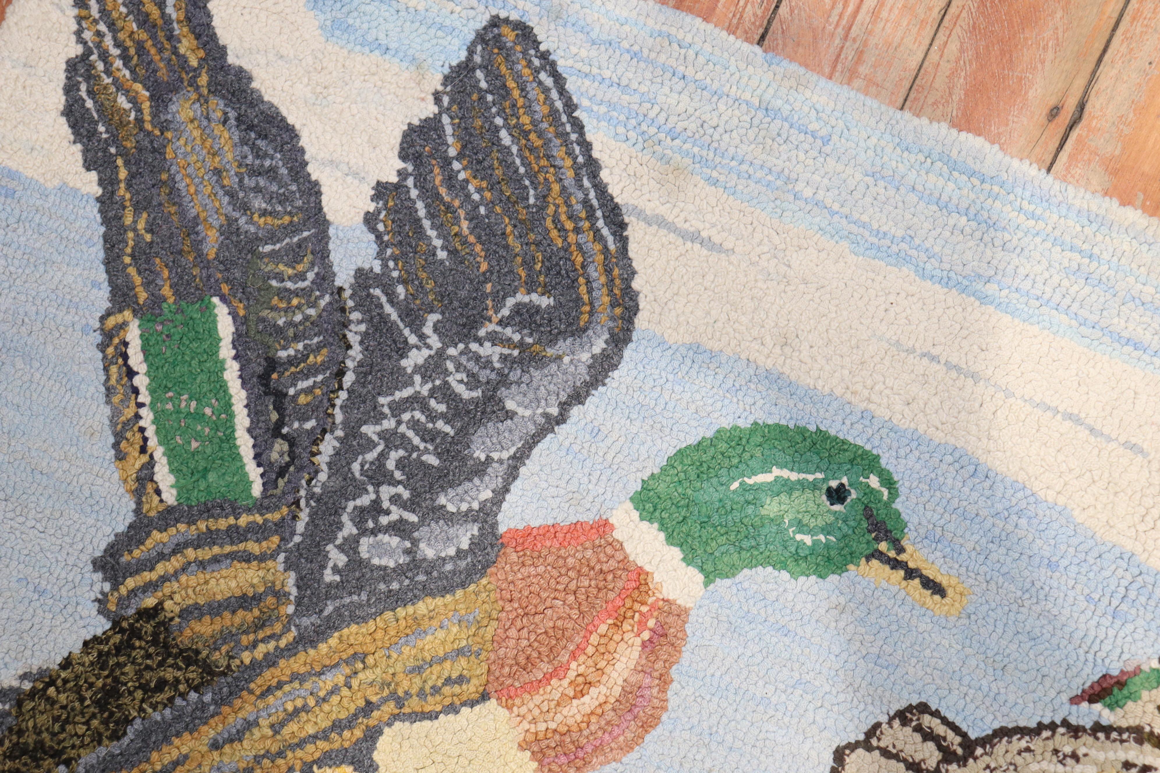 20th Century Scenic Duck American Hooked Pictorial Rug For Sale