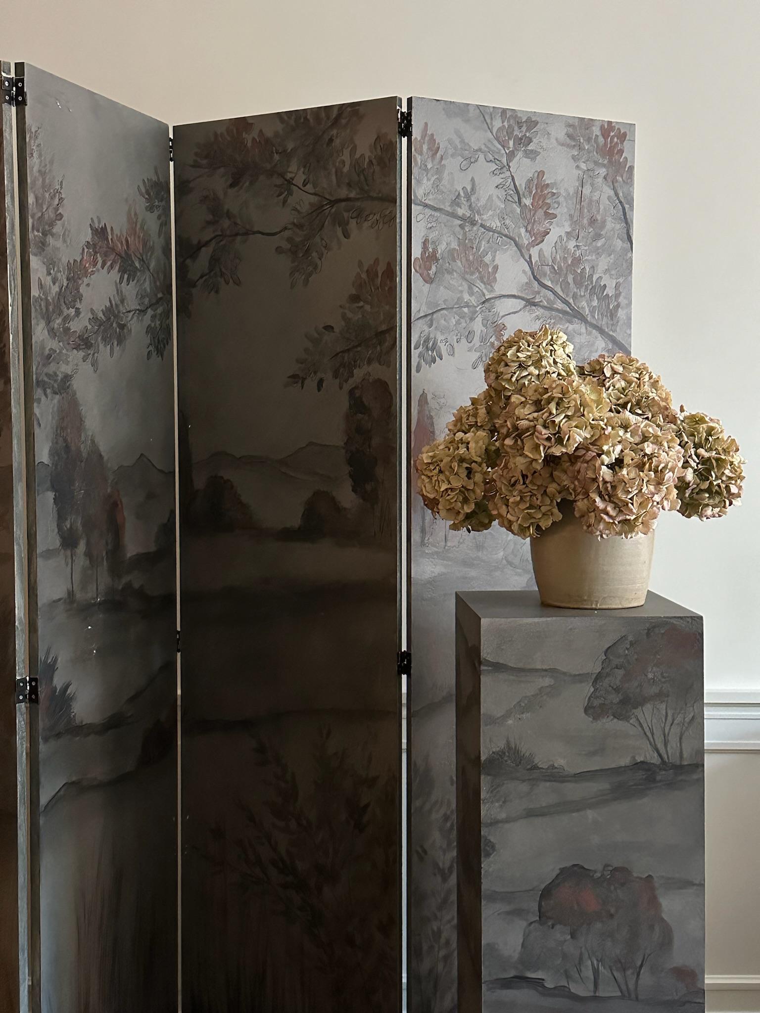 Contemporary Scenic Hand Painted Folding Screen For Sale
