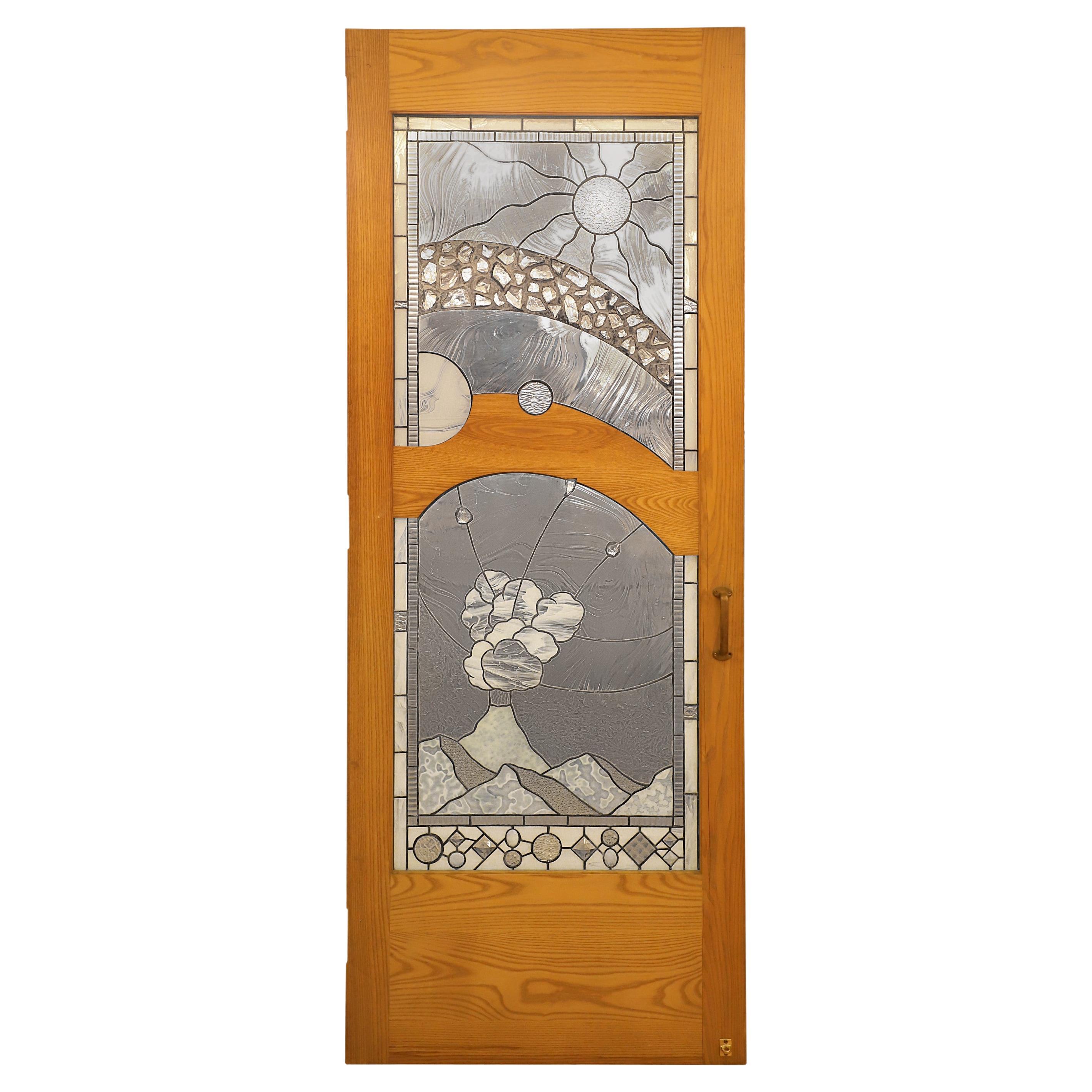 Scenic Mountain Stained Glass Door 88 x 33.5 For Sale