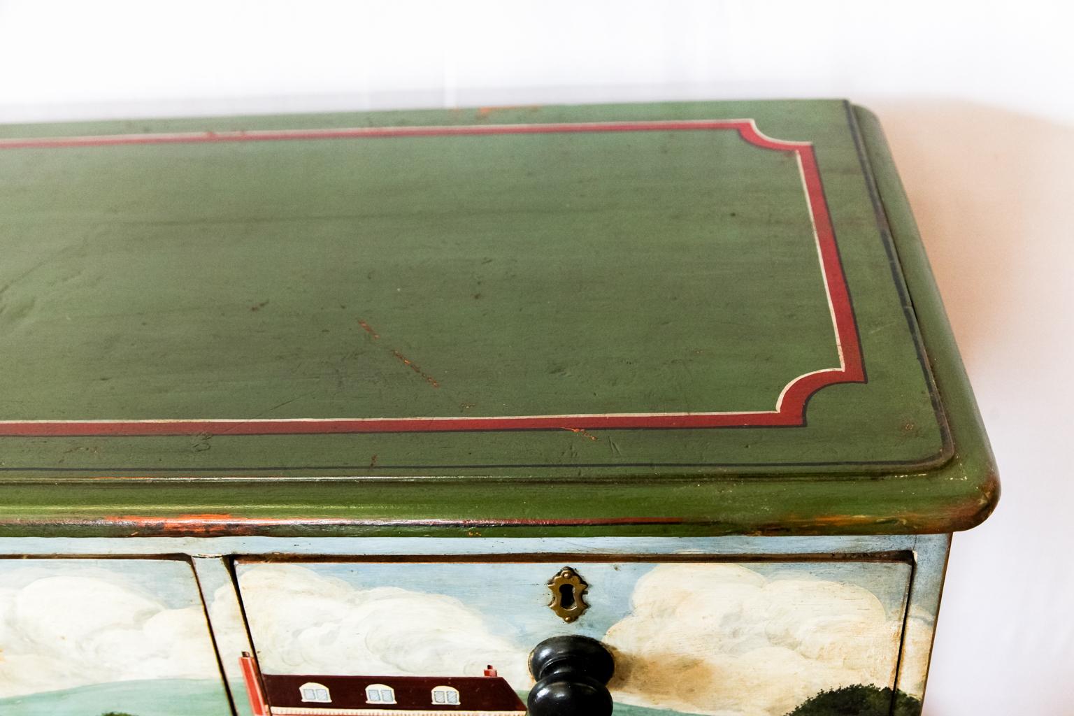 English Scenic Painted Four-Drawer Chest