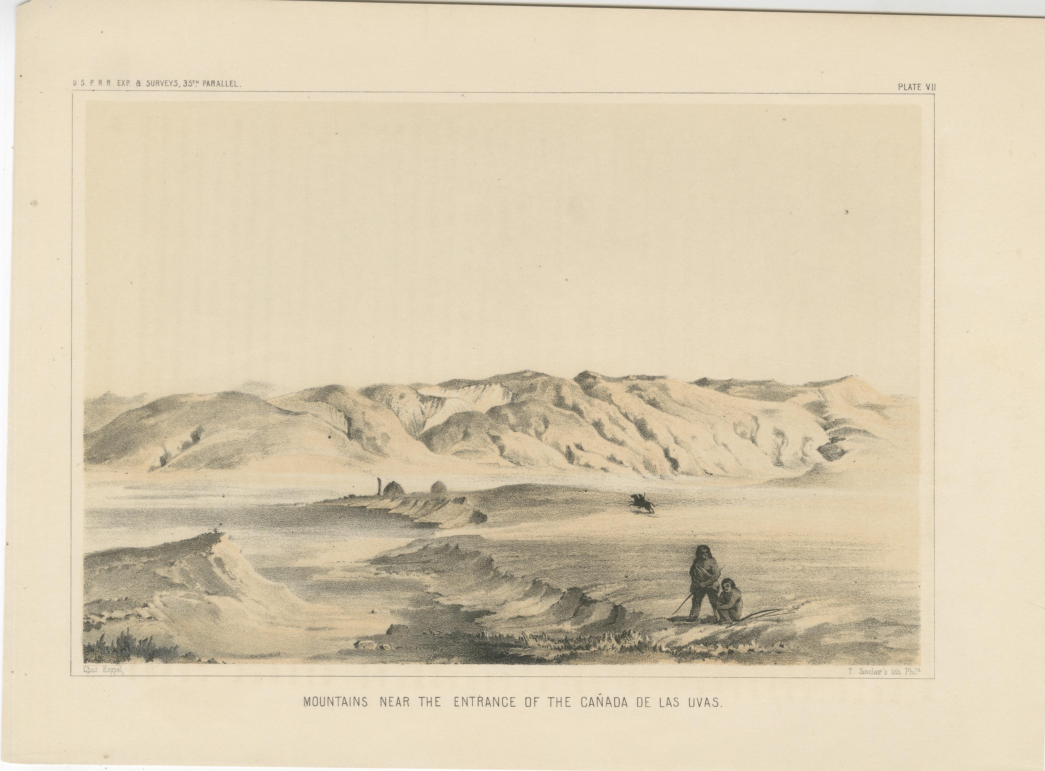 Title: Scenic Tinted Lithograph of Mountains Near the Canada de las Uvas – Railroad Exploration Art

Description:  
This striking tinted lithograph, 