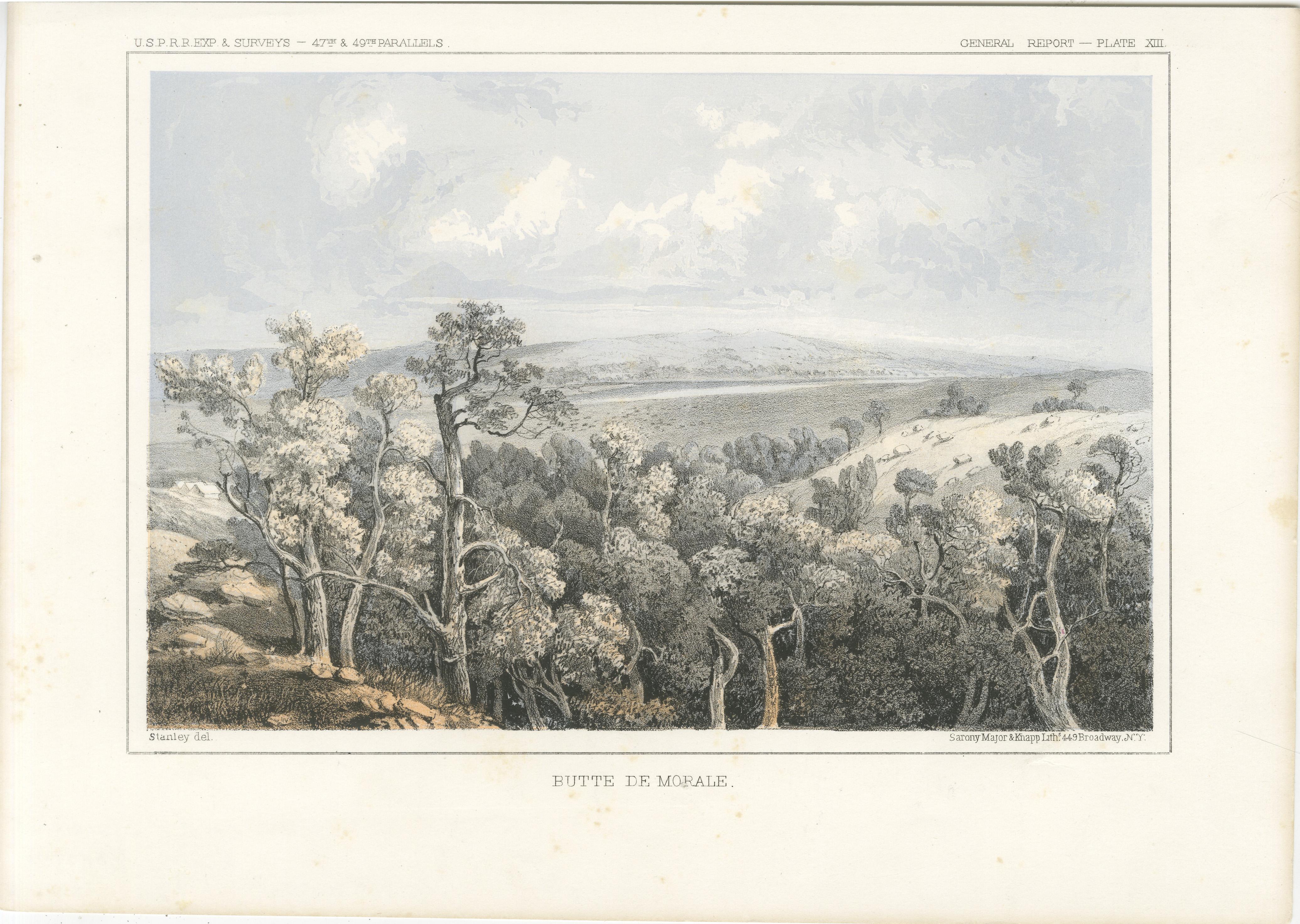 Titre : Vue panoramique de la Butte de Morale - Une étonnante gravure d'expédition du 19e siècle  

Description : Cette lithographie illustre le paysage enchanteur de la Butte de Morale, une région sereine et verdoyante qui a suscité l'intérêt des