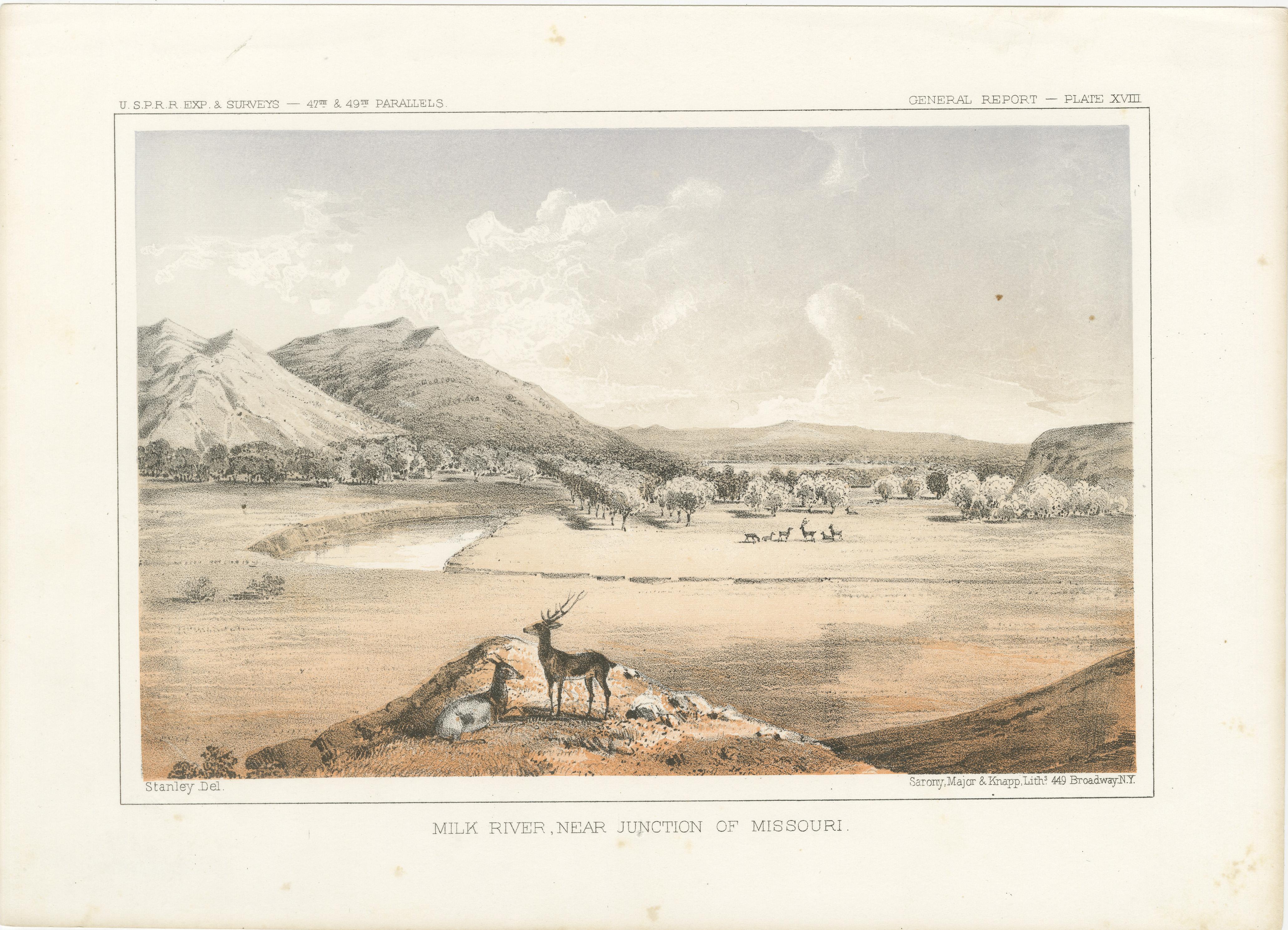 Vista panorámica del río Milk y el cruce del Missouri con fauna salvaje en un paisaje del siglo XIX  

Esta cautivadora litografía representa el sereno paisaje cercano a la confluencia de los ríos Milk y Misuri, una zona clave en la historia de la