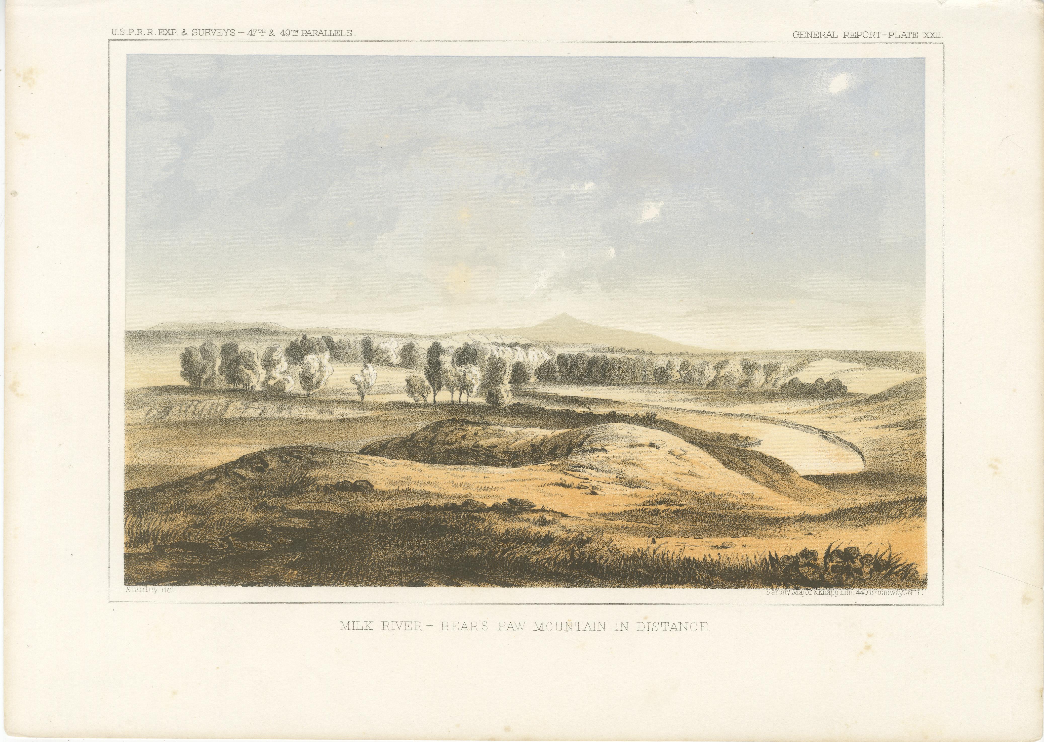 Landschaftlicher Blick auf den Milk River mit den Bear's Paw Mountains in der Ferne  

Diese wunderschön detaillierte Lithografie zeigt eine ruhige Szene des Milk River mit den berühmten Bear's Paw Mountains am Horizont. Der weite Blick zeigt das