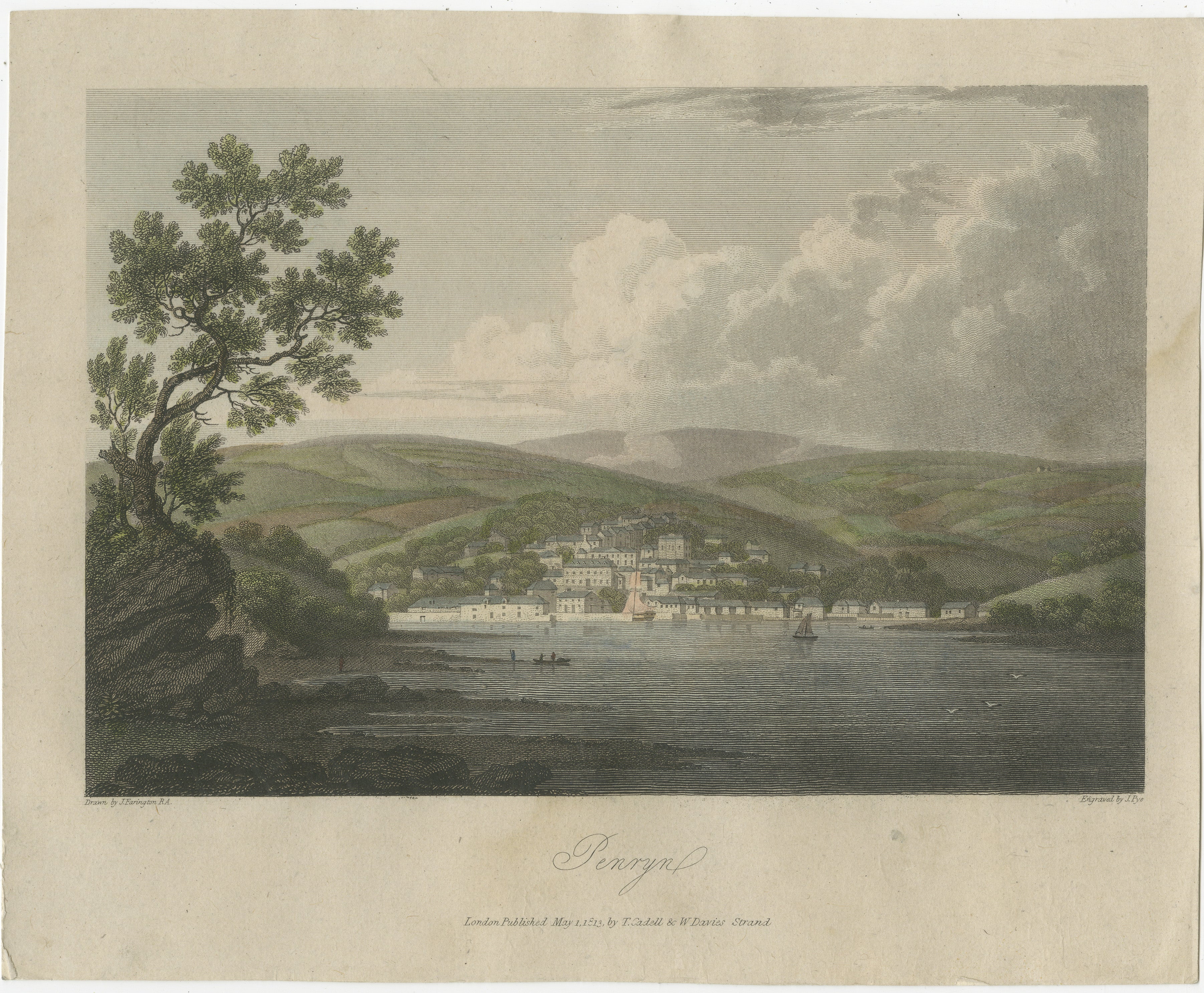Questa stampa antica intitolata Penryn raffigura la pittoresca città di Penryn in Cornovaglia, Inghilterra. L'incisione mostra la tranquilla bellezza della città, situata in riva al mare e circondata da verdi colline. In primo piano, un albero