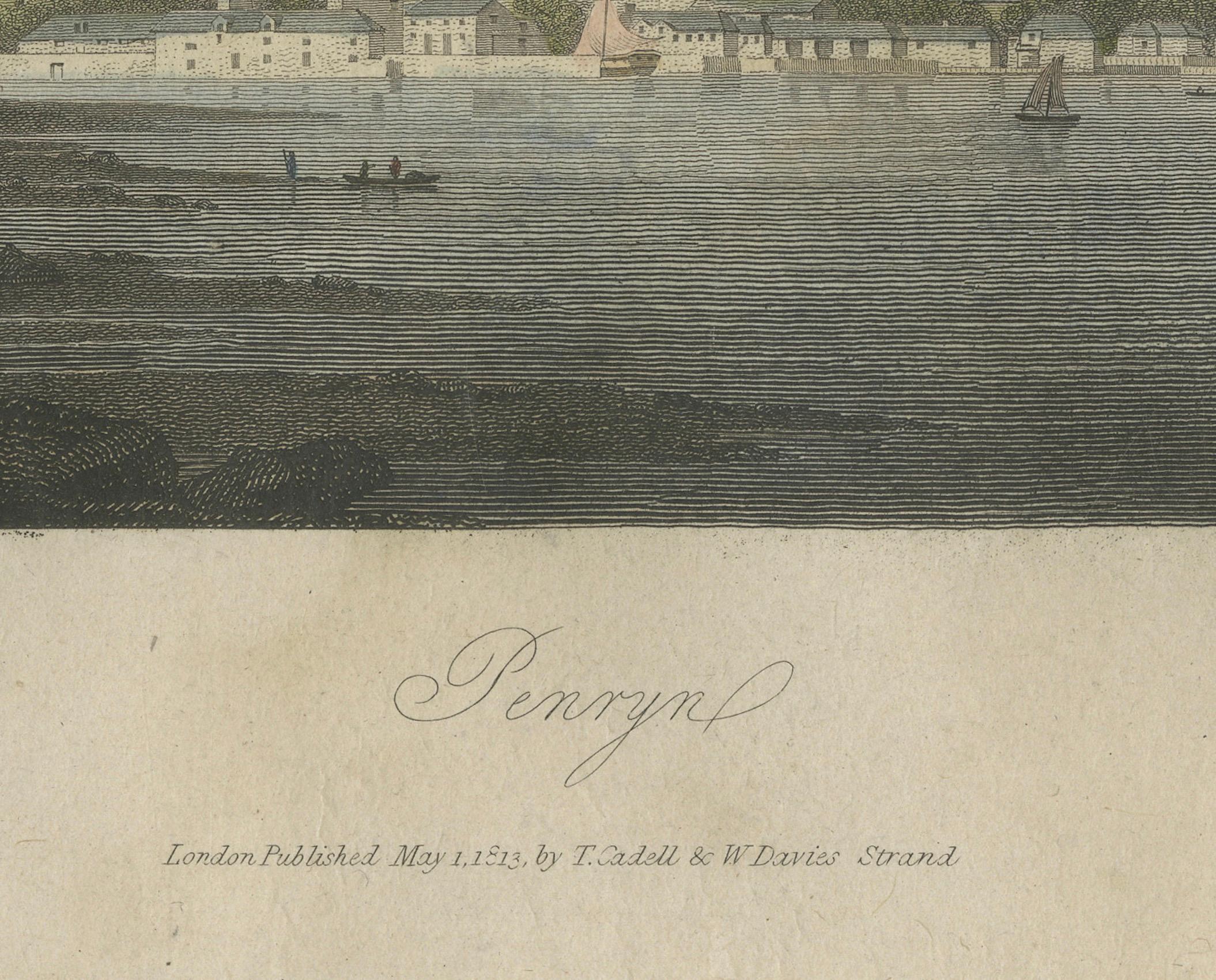 Vista panoramica di Penryn, Cornovaglia: Pittoresca Townes costiera del XIX secolo incisa In condizioni buone in vendita a Langweer, NL