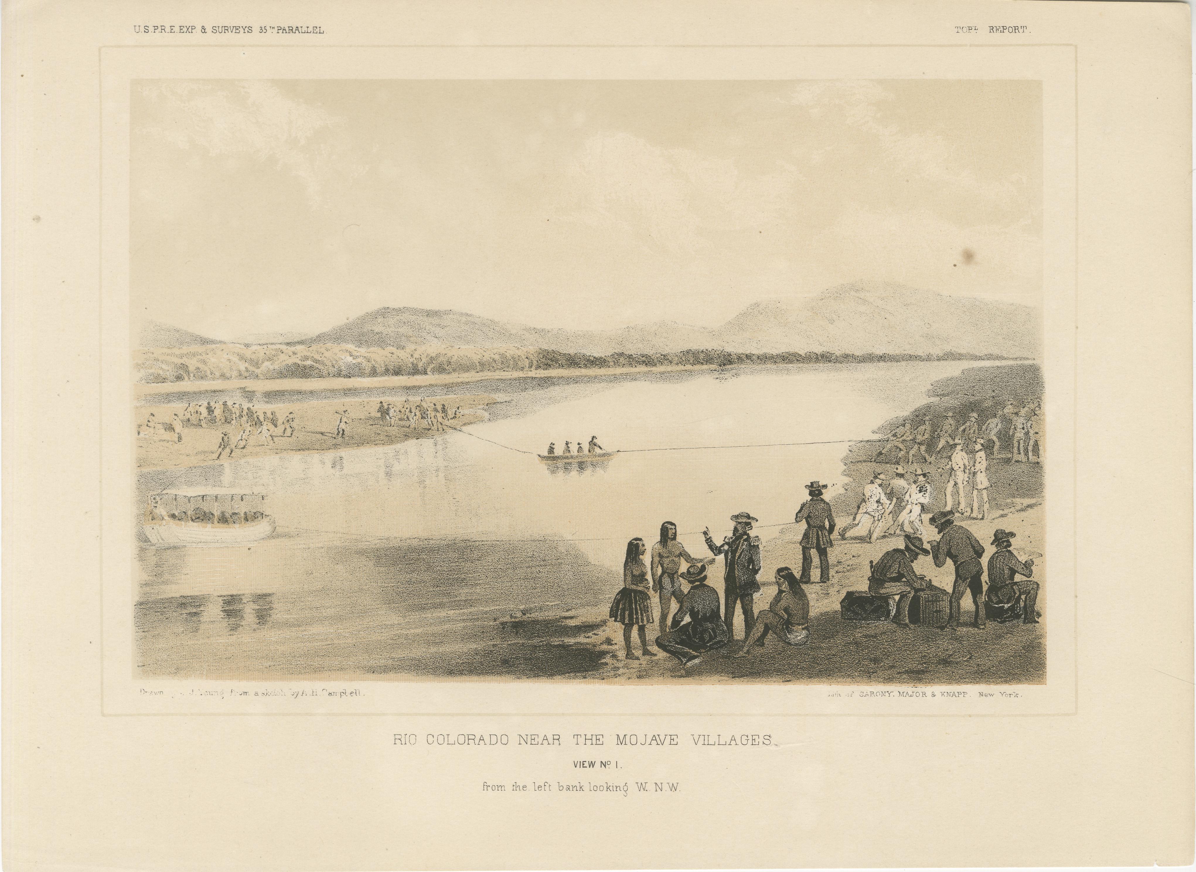 Titel: Landschaftlicher Blick auf den Rio Colorado in der Nähe der Mojave-Dörfer, eine historische Begebenheit

Beschreibung: Diese geschichtsträchtige Lithografie fängt eine dynamische Szene entlang des Rio Colorado in der Nähe der Mojave-Dörfer
