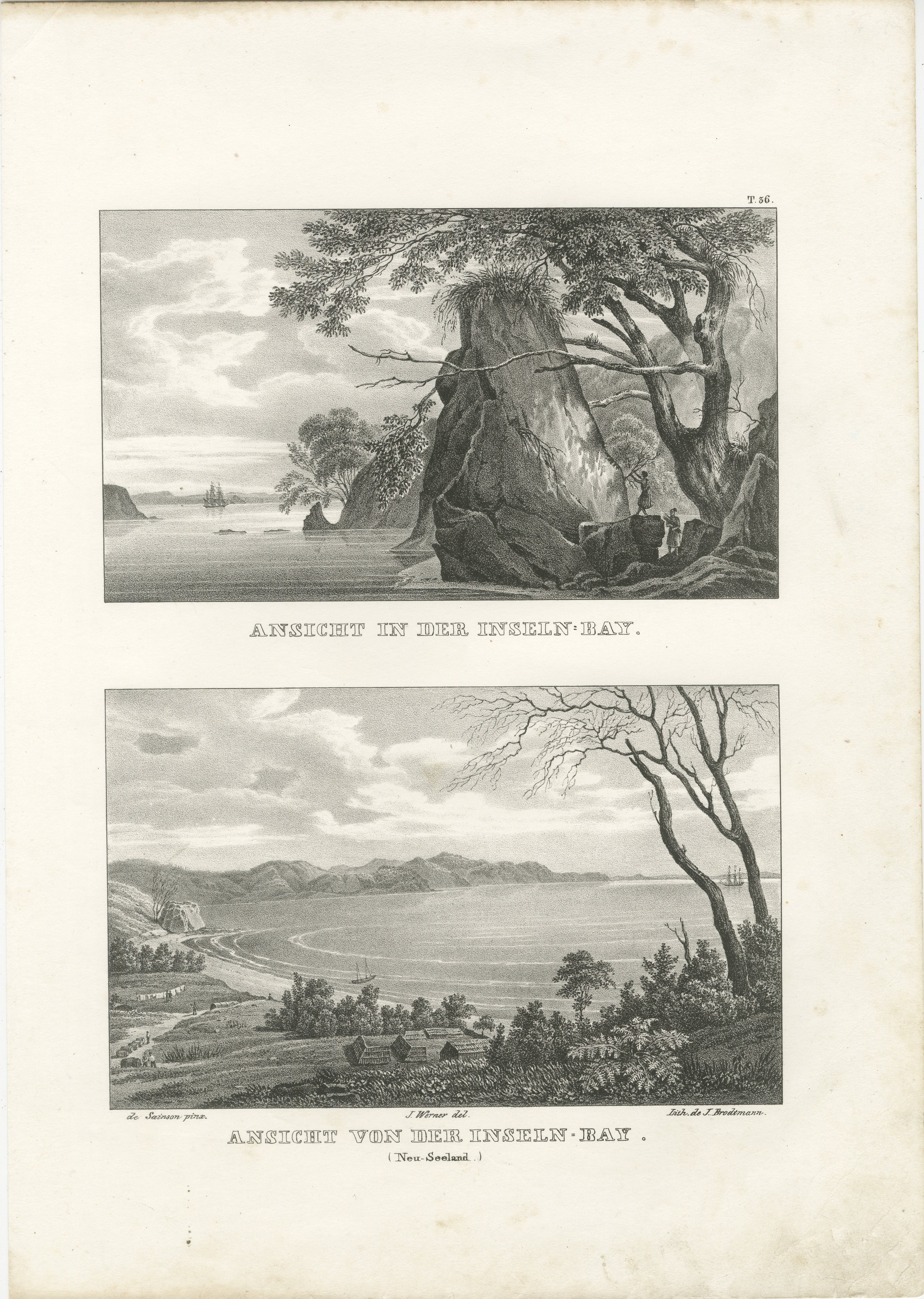 Ansichten der Inselbucht, Neuseeland, von der Astrolabe-Reise, um 1836  

Dieser Stich bietet zwei fesselnde Perspektiven der Inselbucht in Neuseeland, wie sie von den frühen europäischen Entdeckern der Astrolabe-Reise gesehen wurden. Das obere Bild