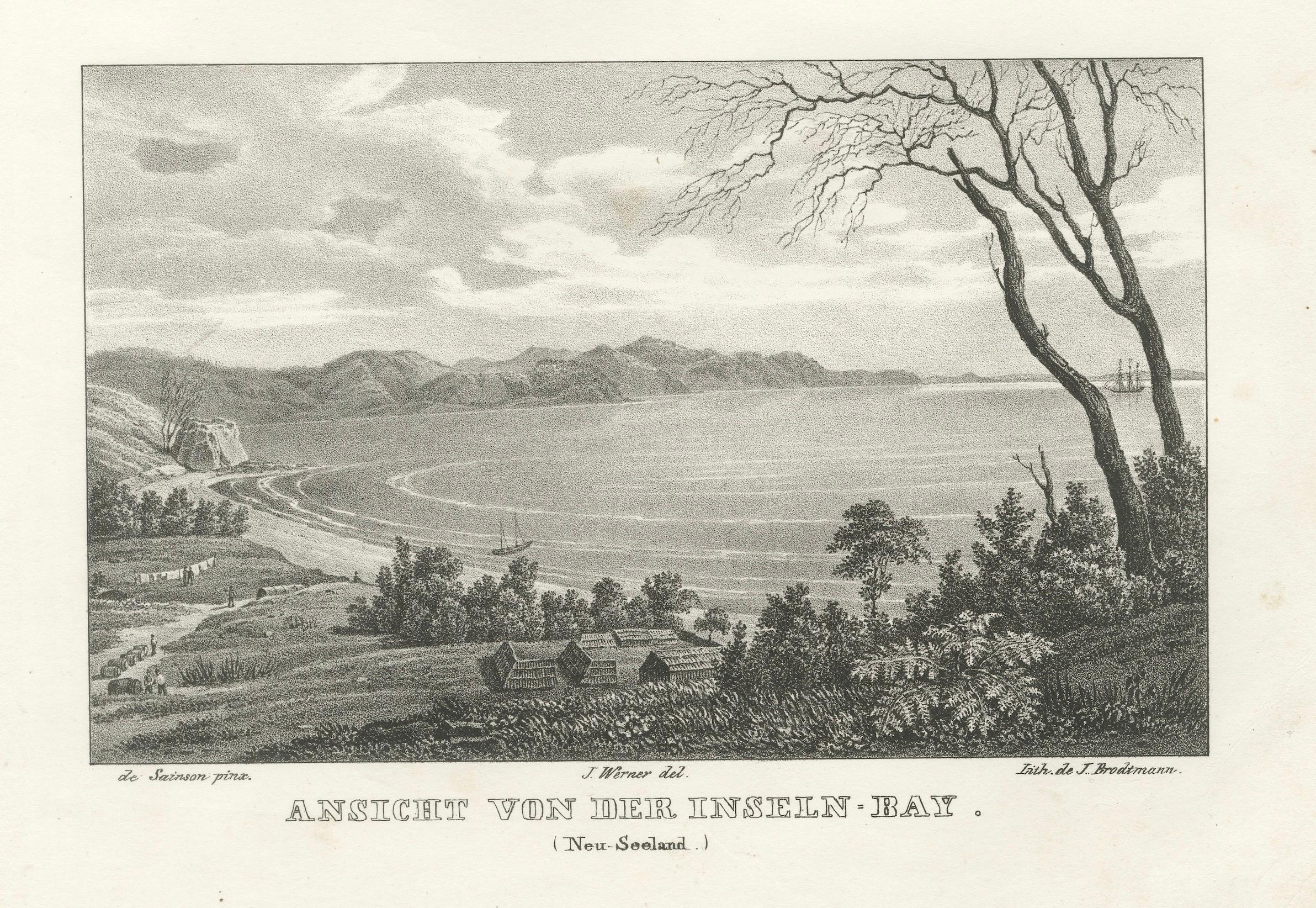 Ansichten der Inselbucht, Neuseeland, von der Astrolabe-Reise, um 1836 (Papier) im Angebot